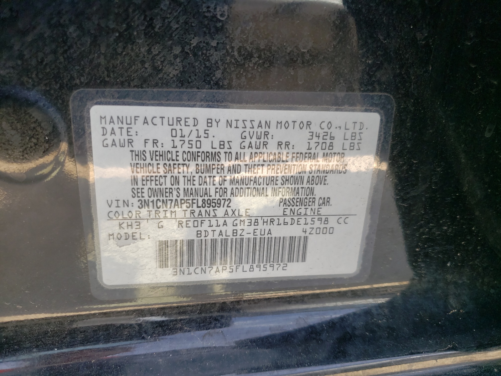 Photo 10 from auction – 2015 NISSAN VERSA S with VIN 3N1CN7AP5FL895972