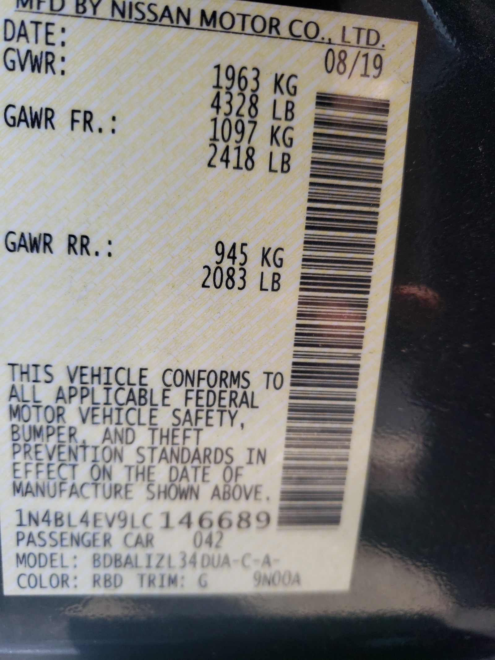 Photo 10 from auction – 2020 NISSAN ALTIMA SL with VIN 1N4BL4EV9LC146689
