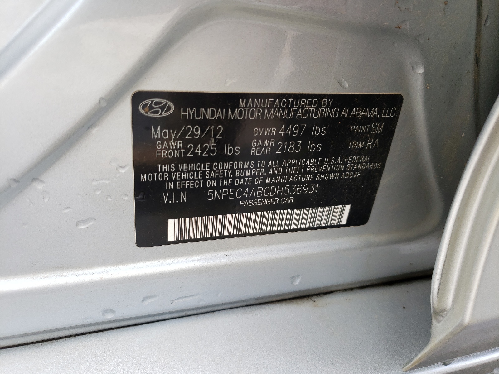 Photo 10 from auction – 2013 HYUNDAI SONATA SE with VIN 5NPEC4AB0DH536931