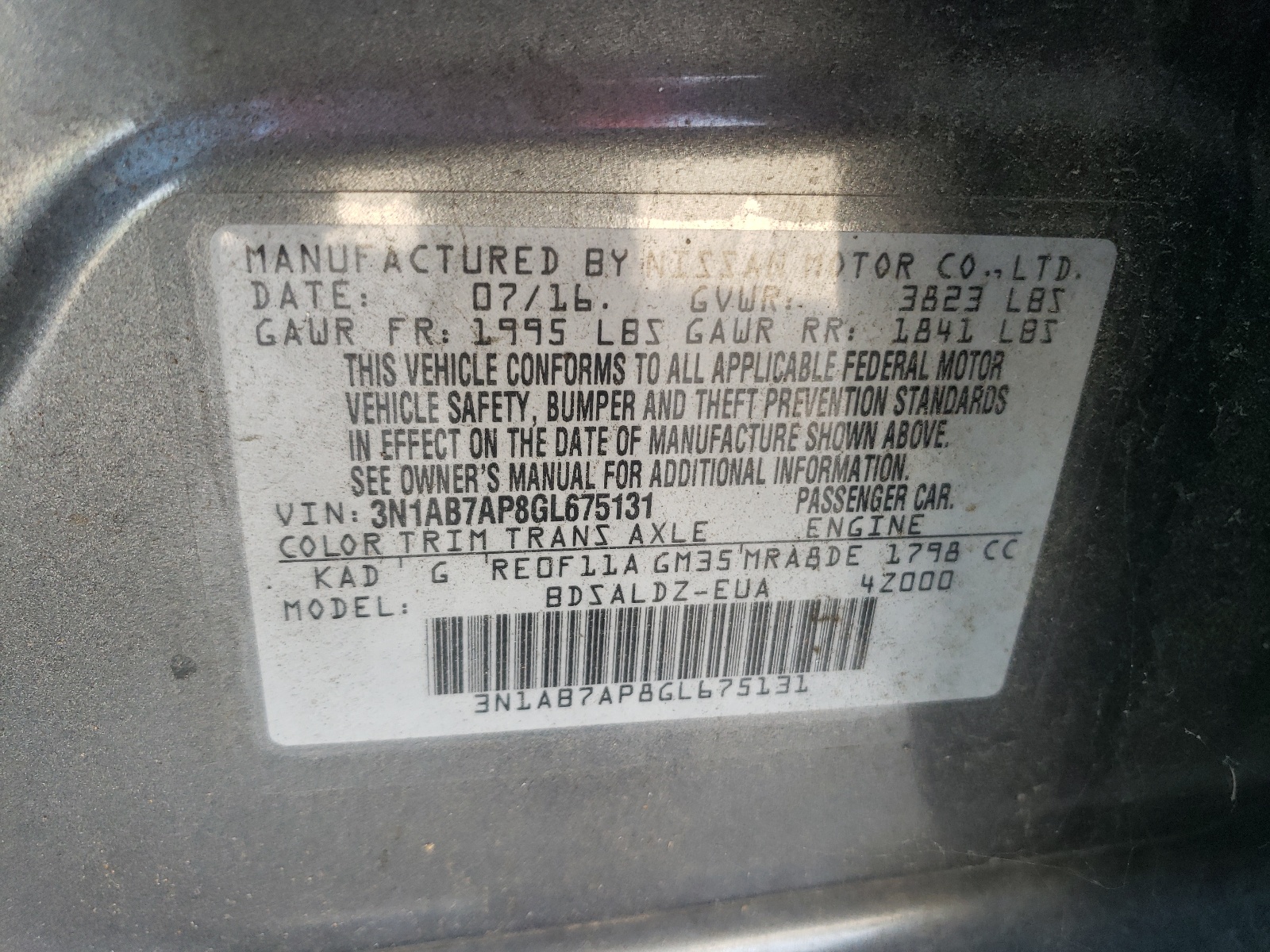 Photo 10 from auction – 2016 NISSAN SENTRA S with VIN 3N1AB7AP8GL675131