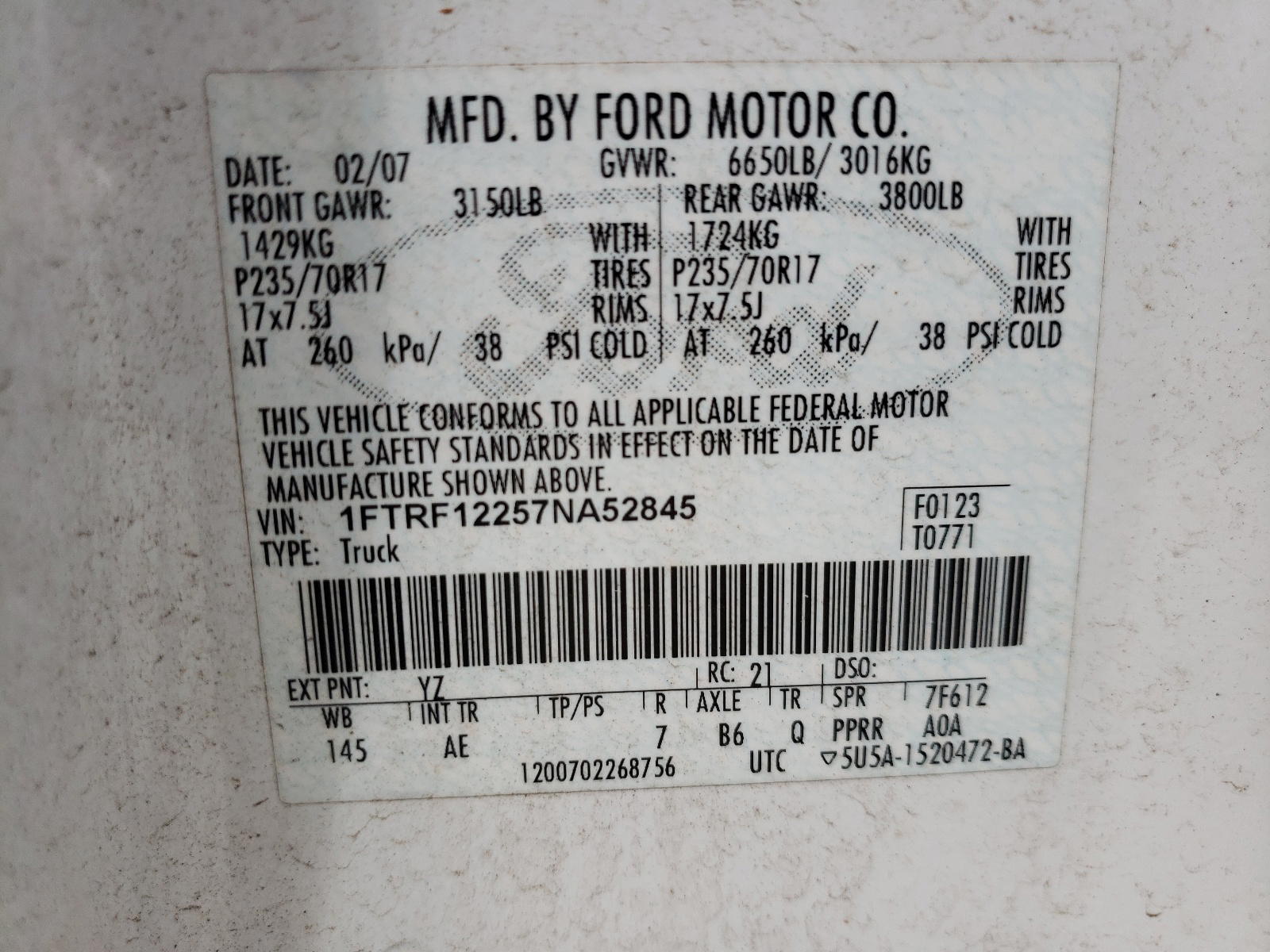 Photo 10 from auction – 2007 FORD F150 with VIN 1FTRF12257NA52845