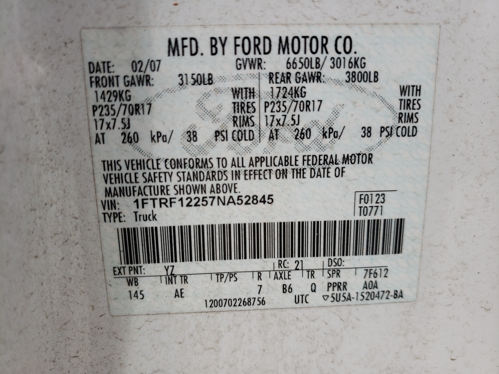 Фото 10 с аукциона – 2007 FORD F150 с VIN 1FTRF12257NA52845