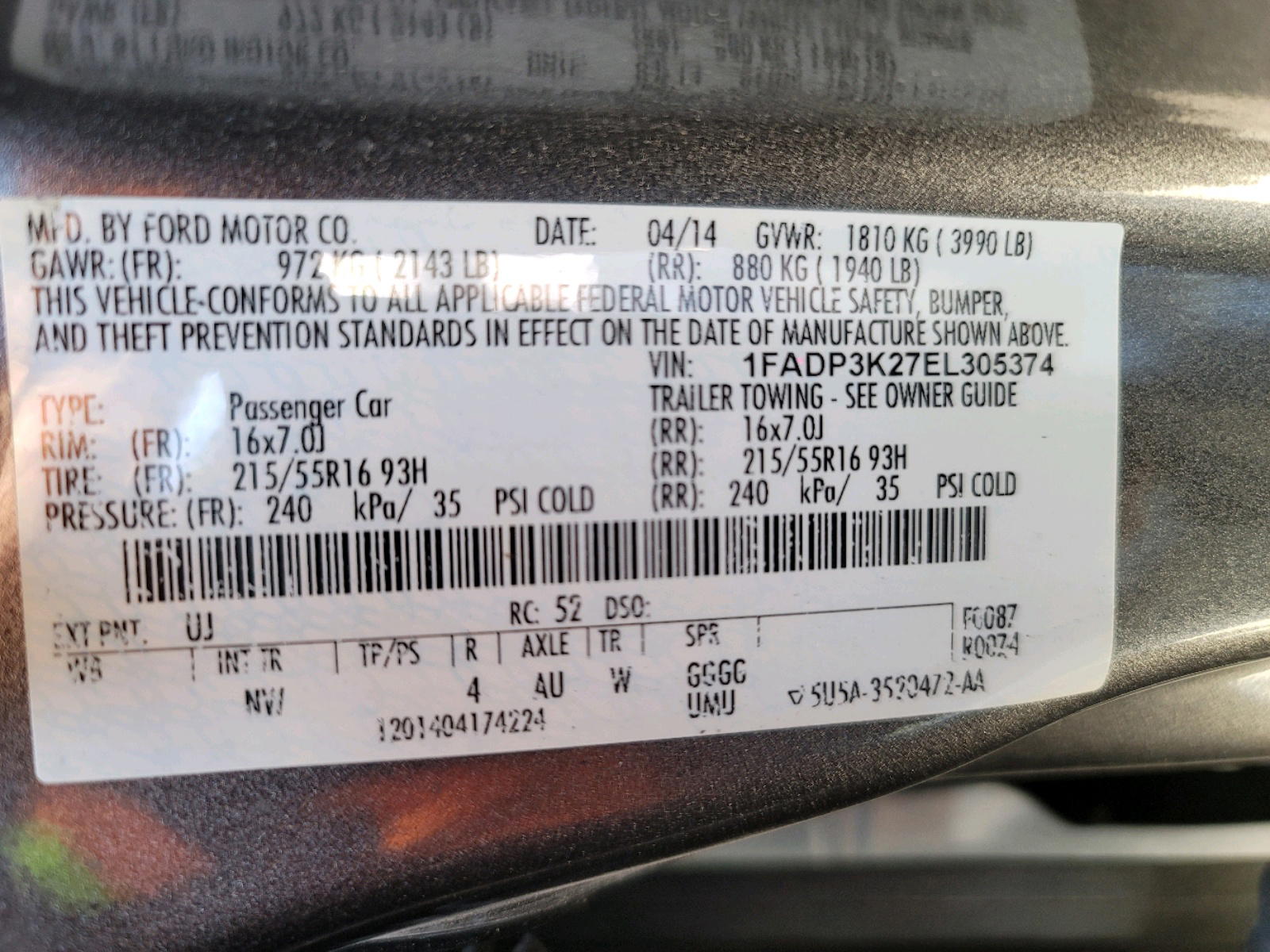 Photo 10 from auction – 2014 FORD FOCUS SE with VIN 1FADP3K27EL305374