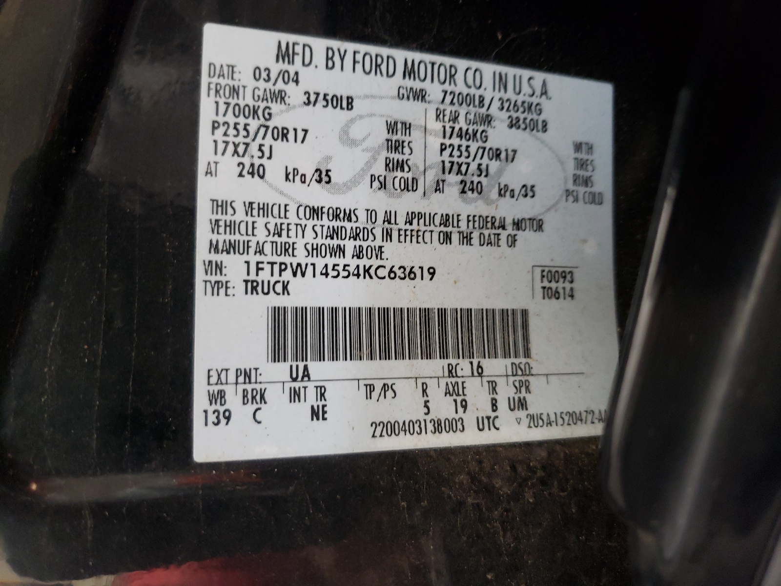 Photo 10 from auction – 2004 FORD F150 SUPER with VIN 1FTPW14554KC63619