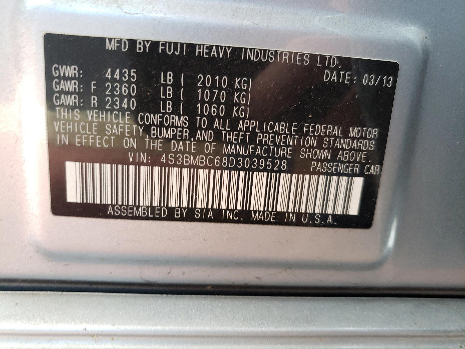 Photo 10 from auction – 2013 SUBARU LEGACY 2.5 with VIN 4S3BMBC68D3039528