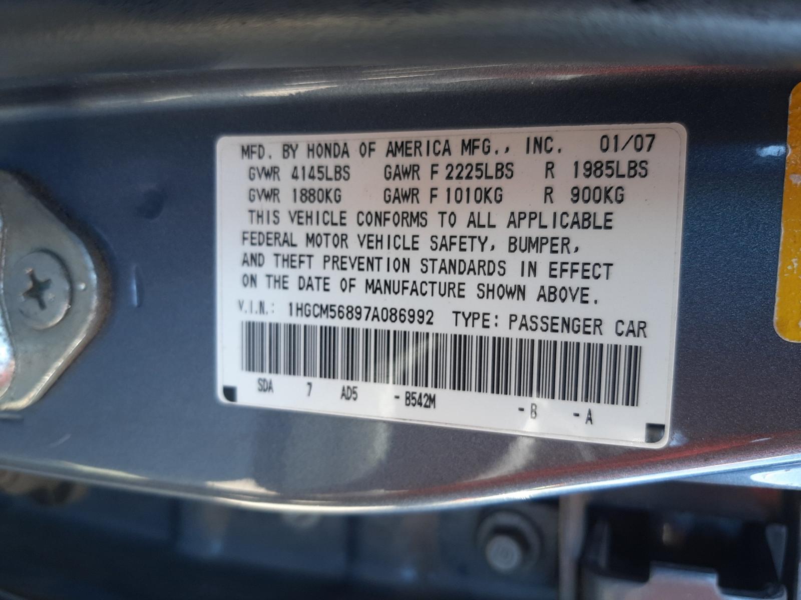 Photo 10 from auction – 2007 HONDA ACCORD EX with VIN 1HGCM56897A086992