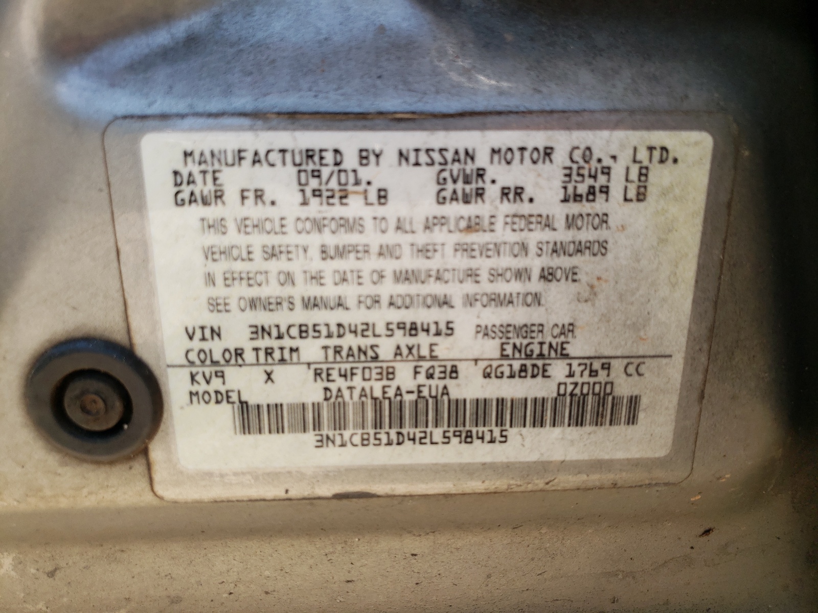 Photo 10 from auction – 2002 NISSAN SENTRA XE with VIN 3N1CB51D42L598415