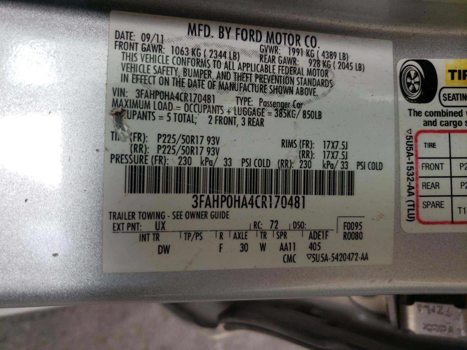 Photo 10 from auction – 2012 FORD FUSION SE with VIN 3FAHP0HA4CR170481