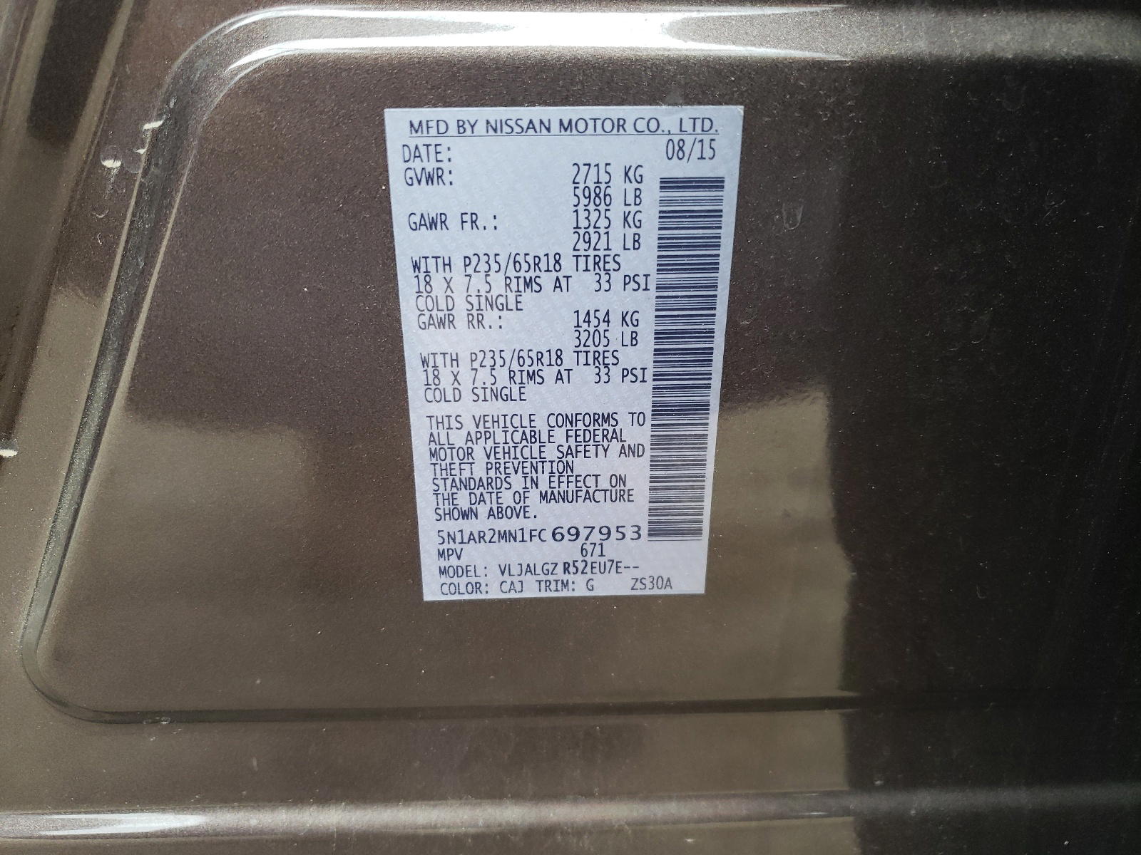 Photo 10 from auction – 2015 NISSAN PATHFINDER with VIN 5N1AR2MN1FC697953
