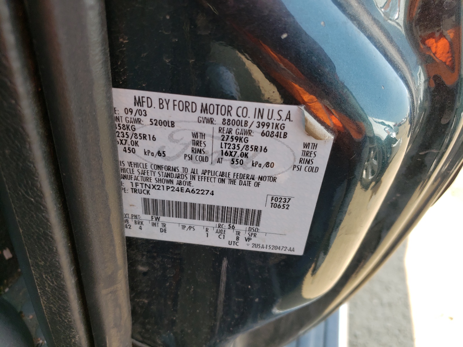 Photo 10 from auction – 2004 FORD F250 SUPER with VIN 1FTNX21P24EA62274