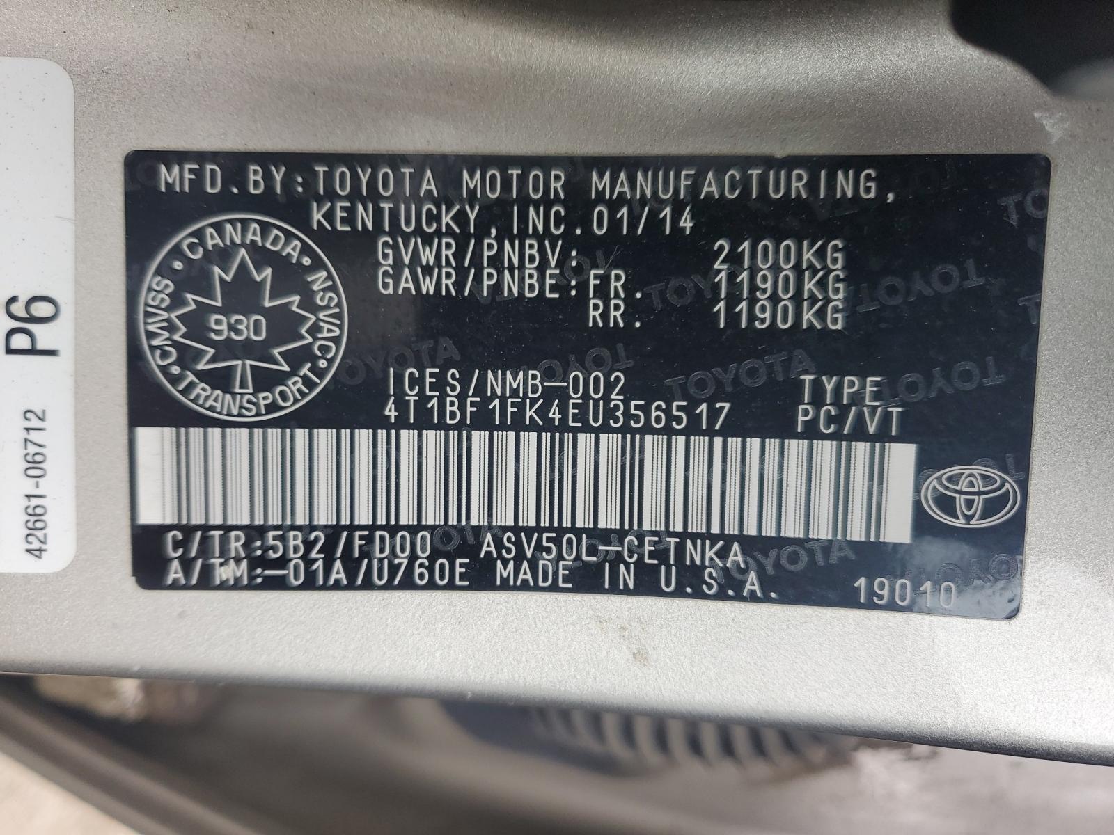 Photo 10 from auction – 2014 TOYOTA CAMRY L with VIN 4T1BF1FK4EU356517