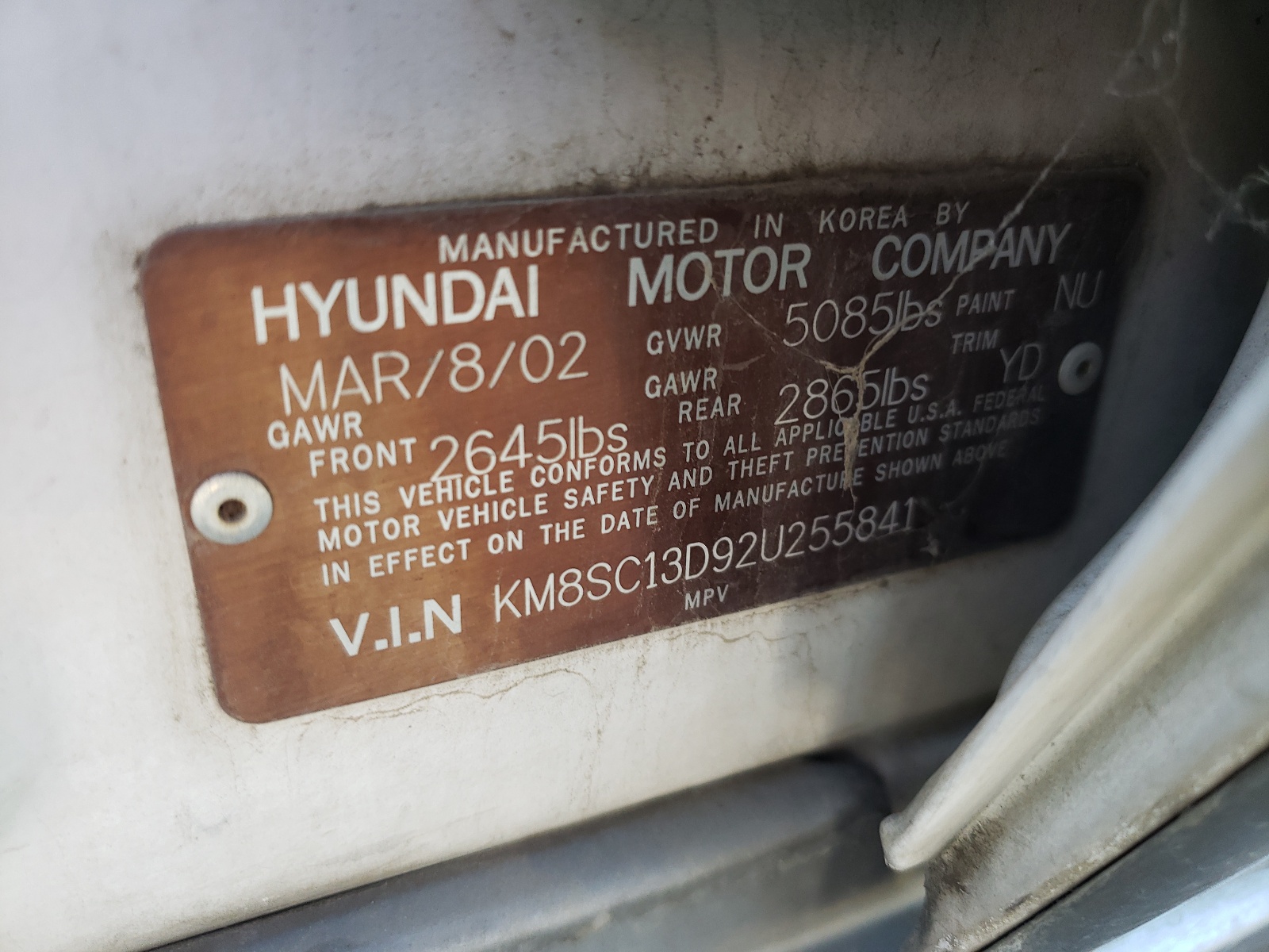 Photo 10 from auction – 2002 HYUNDAI SANTA FE G with VIN KM8SC13D92U255841