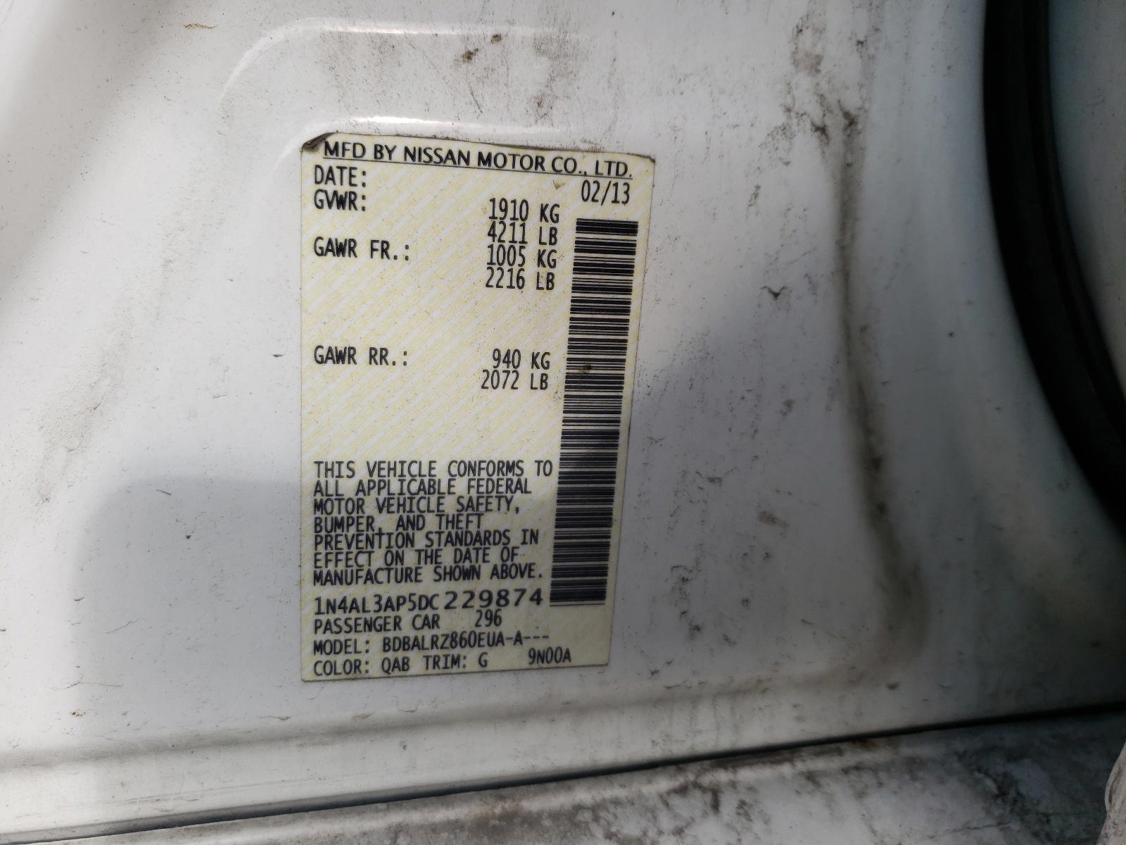 Photo 10 from auction – 2013 NISSAN ALTIMA with VIN 1N4AL3AP5DC229874