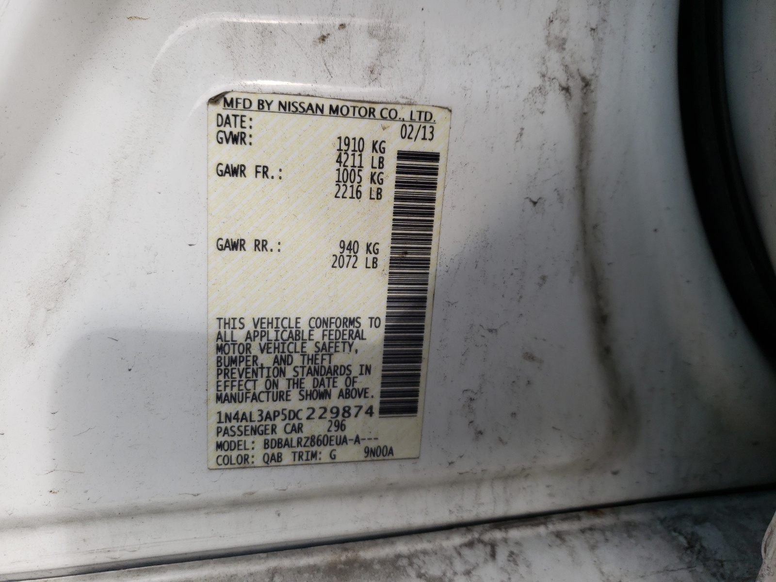 Zdjęcie 10 z aukcji – 2013 NISSAN ALTIMA z VIN 1N4AL3AP5DC229874