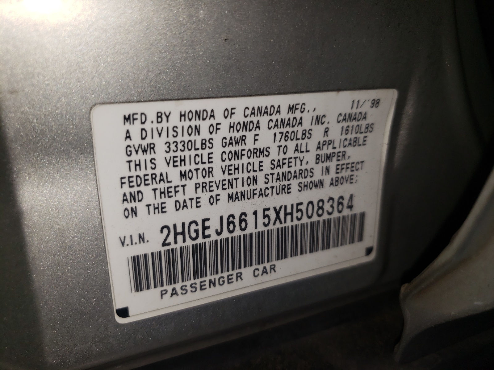 Photo 10 from auction – 1999 HONDA CIVIC BASE with VIN 2HGEJ6615XH508364