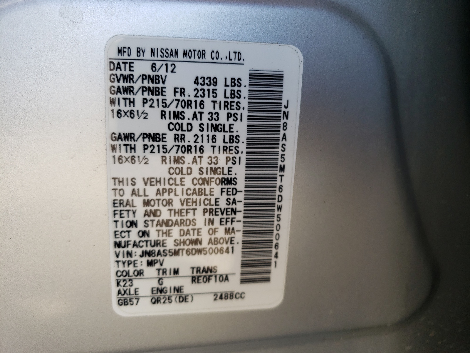 Photo 10 from auction – 2013 NISSAN ROGUE S with VIN JN8AS5MT6DW500641