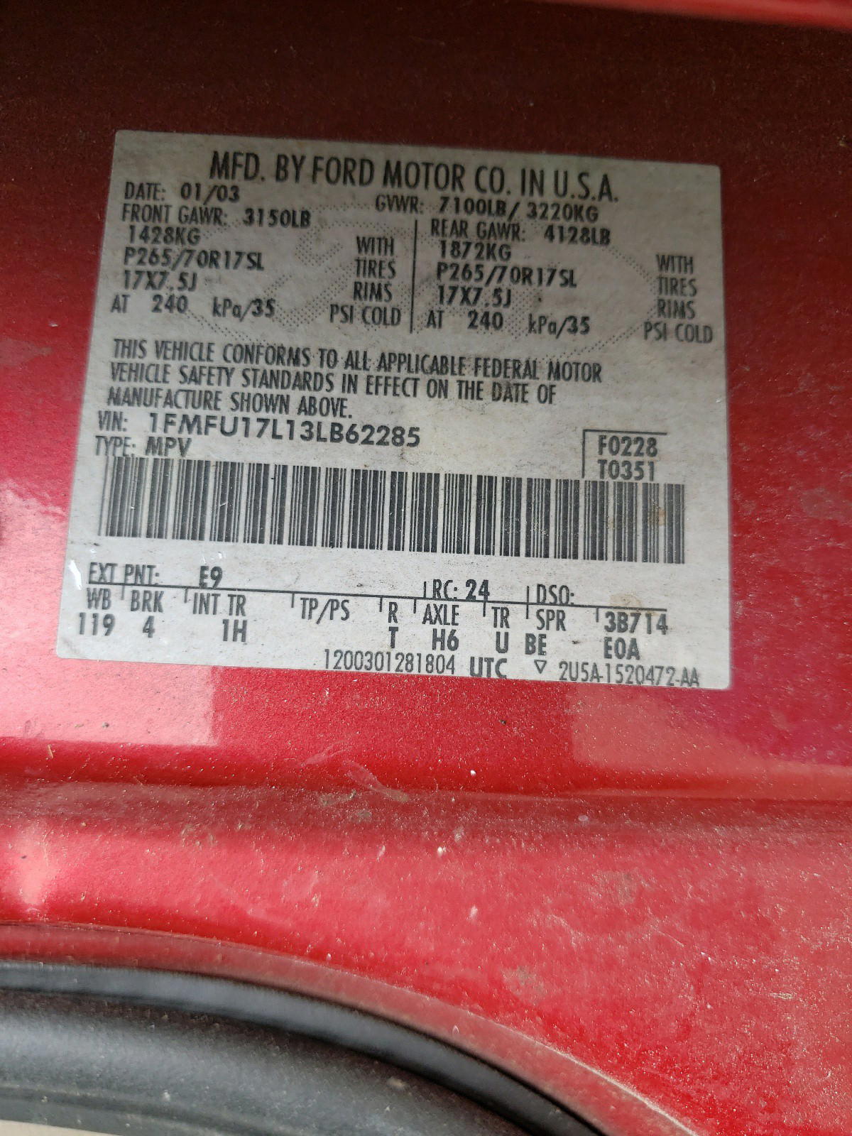Photo 10 from auction – 2003 FORD EXPEDITION with VIN 1FMFU17L13LB62285