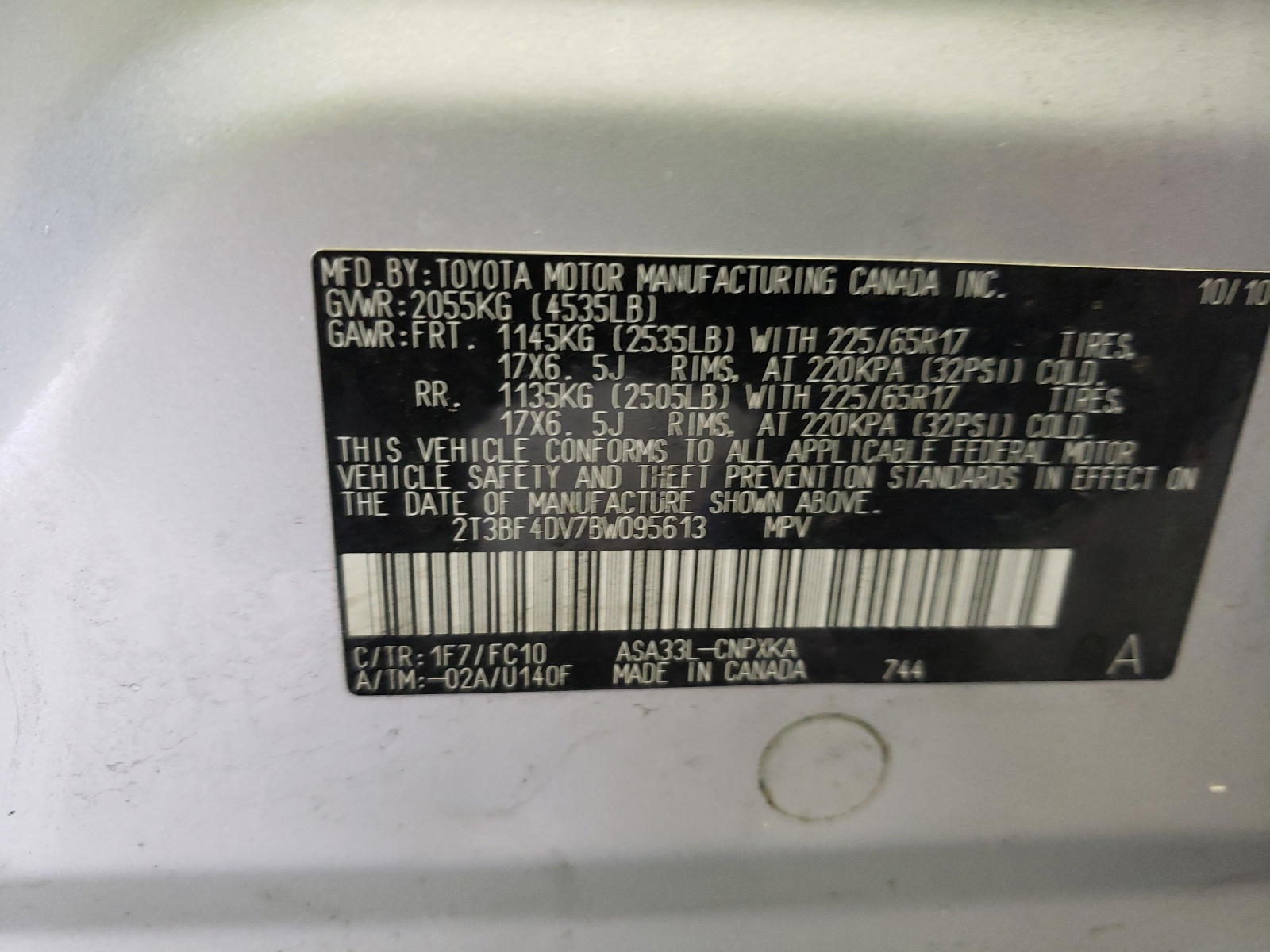 Photo 10 from auction – 2011 TOYOTA RAV4 with VIN 2T3BF4DV7BW095613