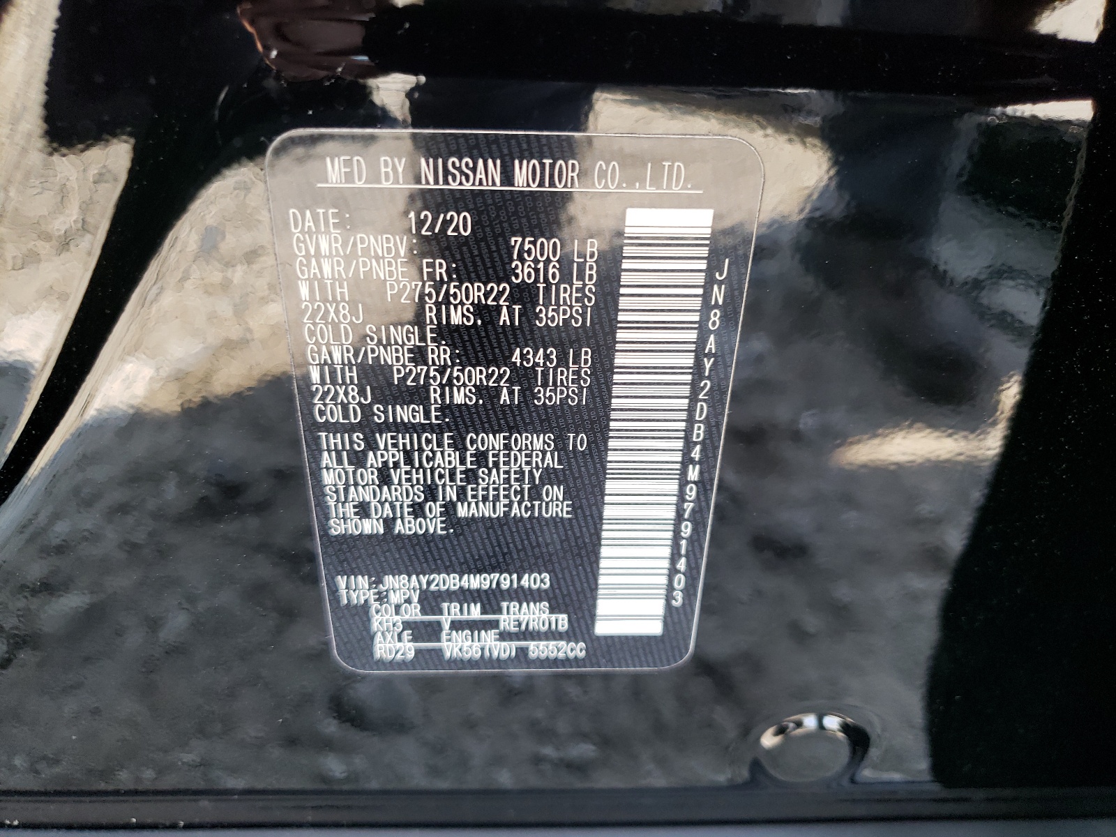 Photo 10 from auction – 2021 NISSAN ARMADA PLA with VIN JN8AY2DB4M9791403