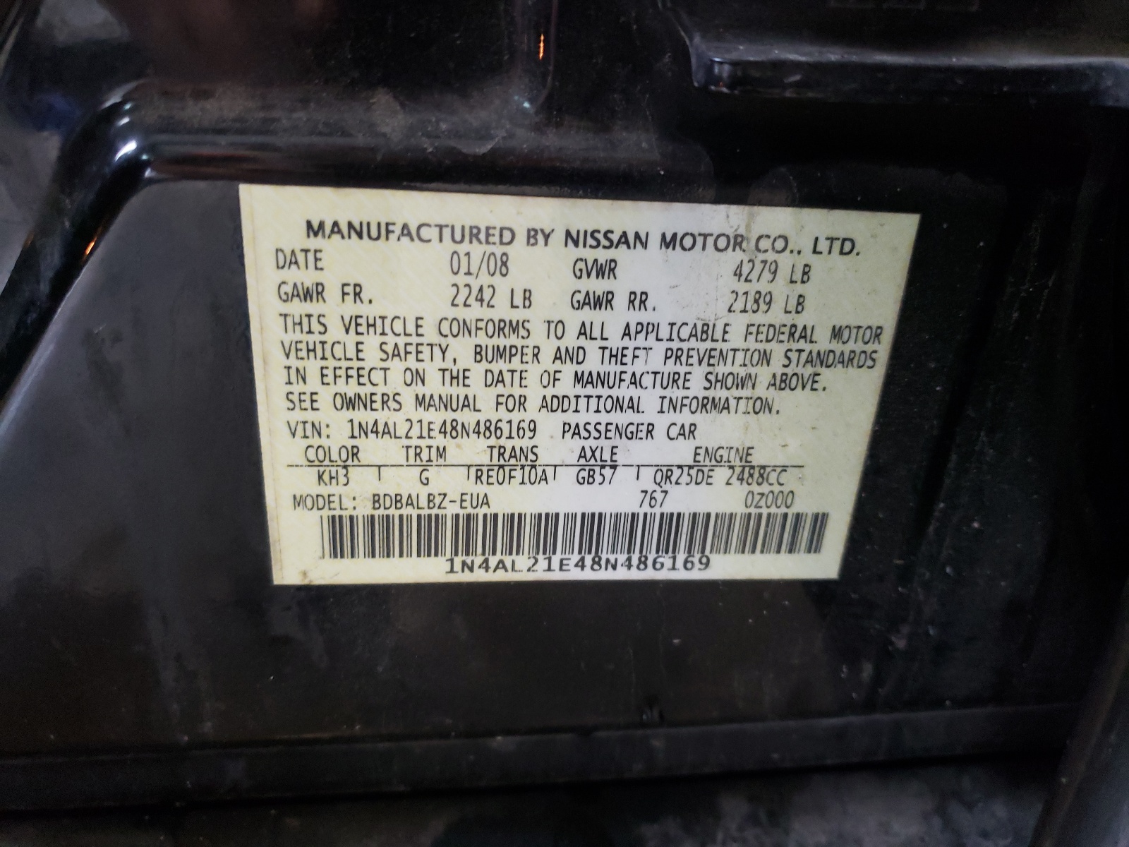 Photo 10 from auction – 2008 NISSAN ALTIMA 2.5 with VIN 1N4AL21E48N486169