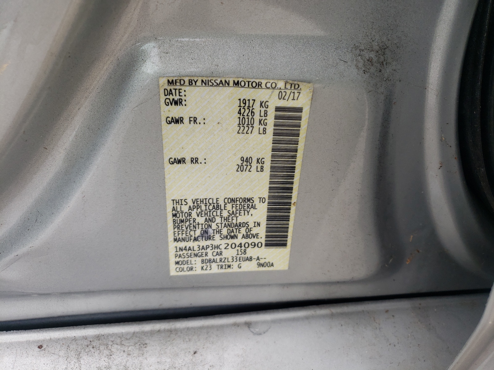 Photo 10 from auction – 2017 NISSAN ALTIMA 2.5 with VIN 1N4AL3AP3HC204090