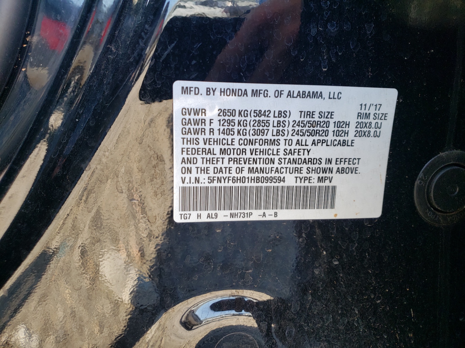 Photo 10 from auction – 2017 HONDA PILOT ELIT with VIN 5FNYF6H01HB099594