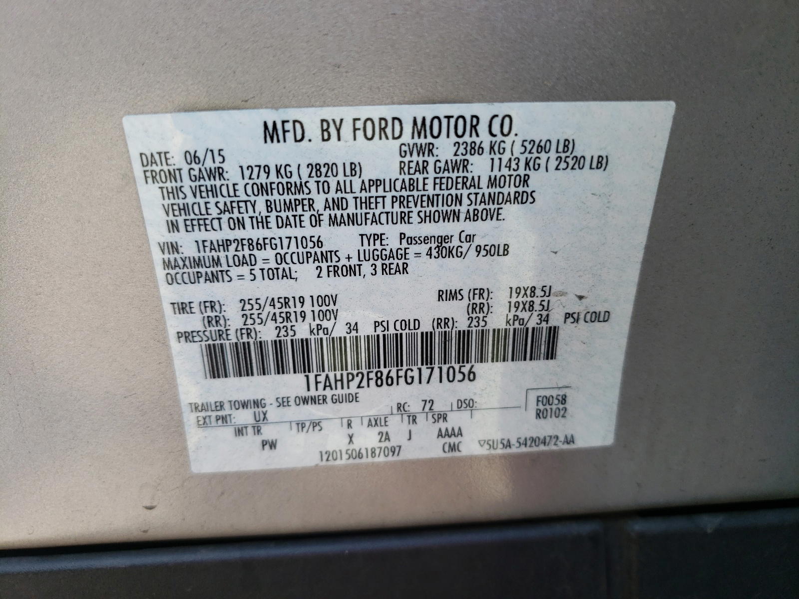 Photo 10 from auction – 2015 FORD TAURUS LIM with VIN 1FAHP2F86FG171056