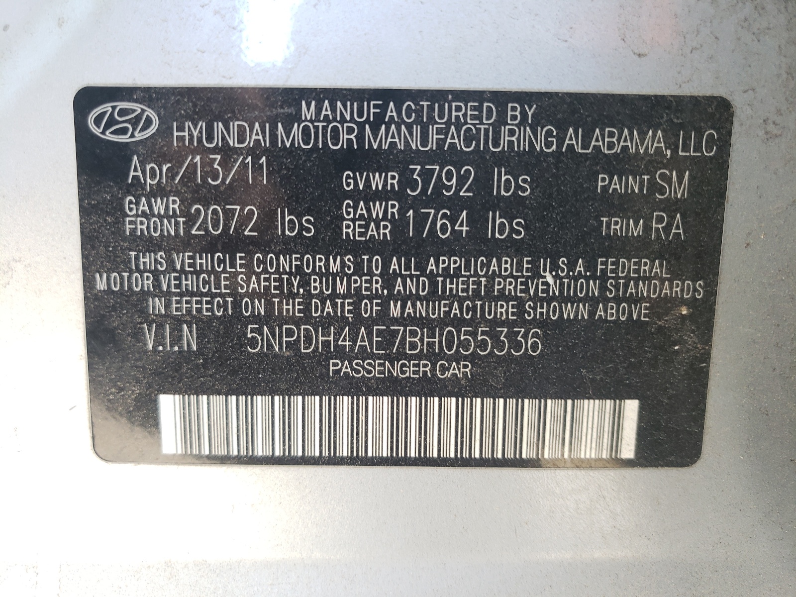 Photo 10 from auction – 2011 HYUNDAI ELANTRA GL with VIN 5NPDH4AE7BH055336