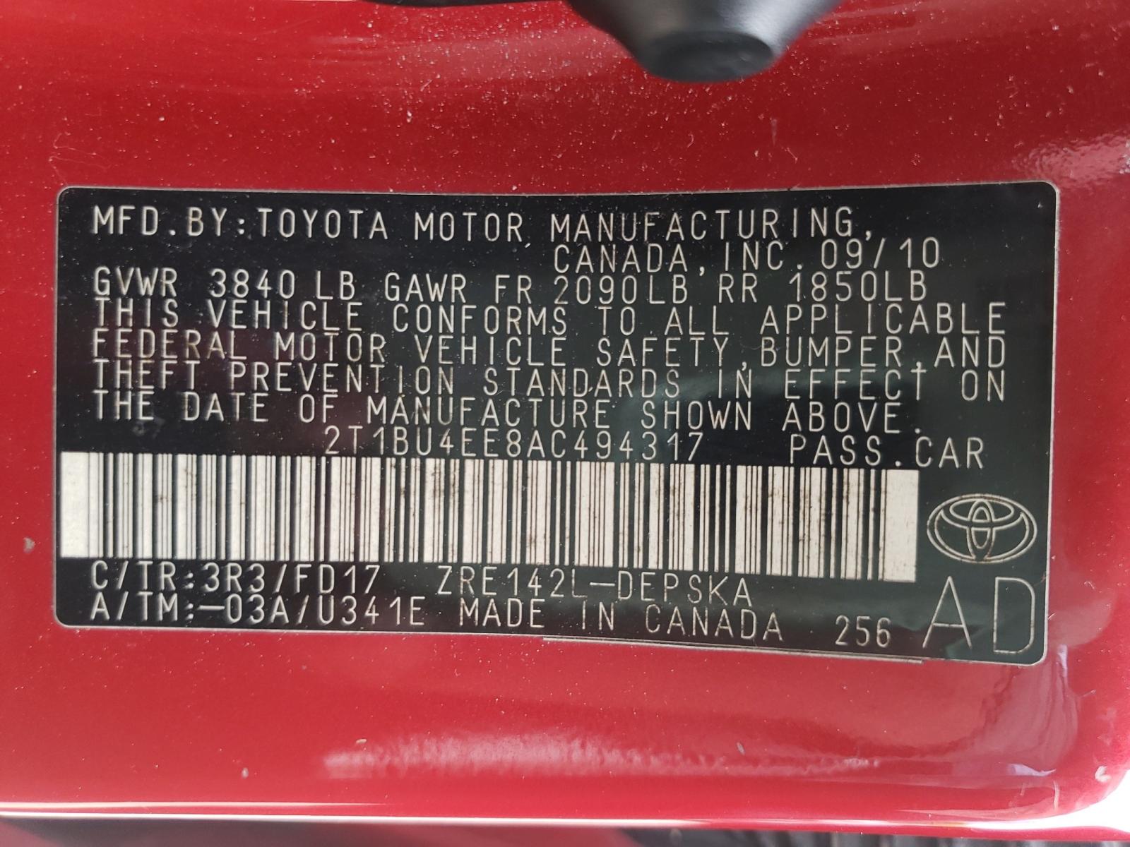 Photo 10 from auction – 2010 TOYOTA COROLLA BA with VIN 2T1BU4EE8AC494317