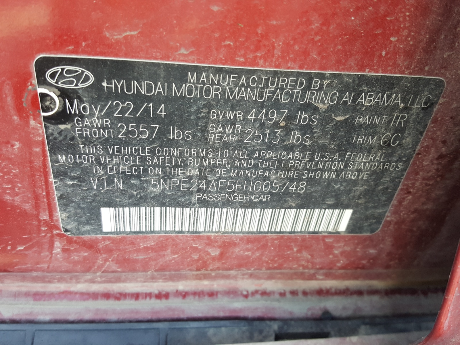 Photo 10 from auction – 2015 HYUNDAI SONATA SE with VIN 5NPE24AF5FH005748
