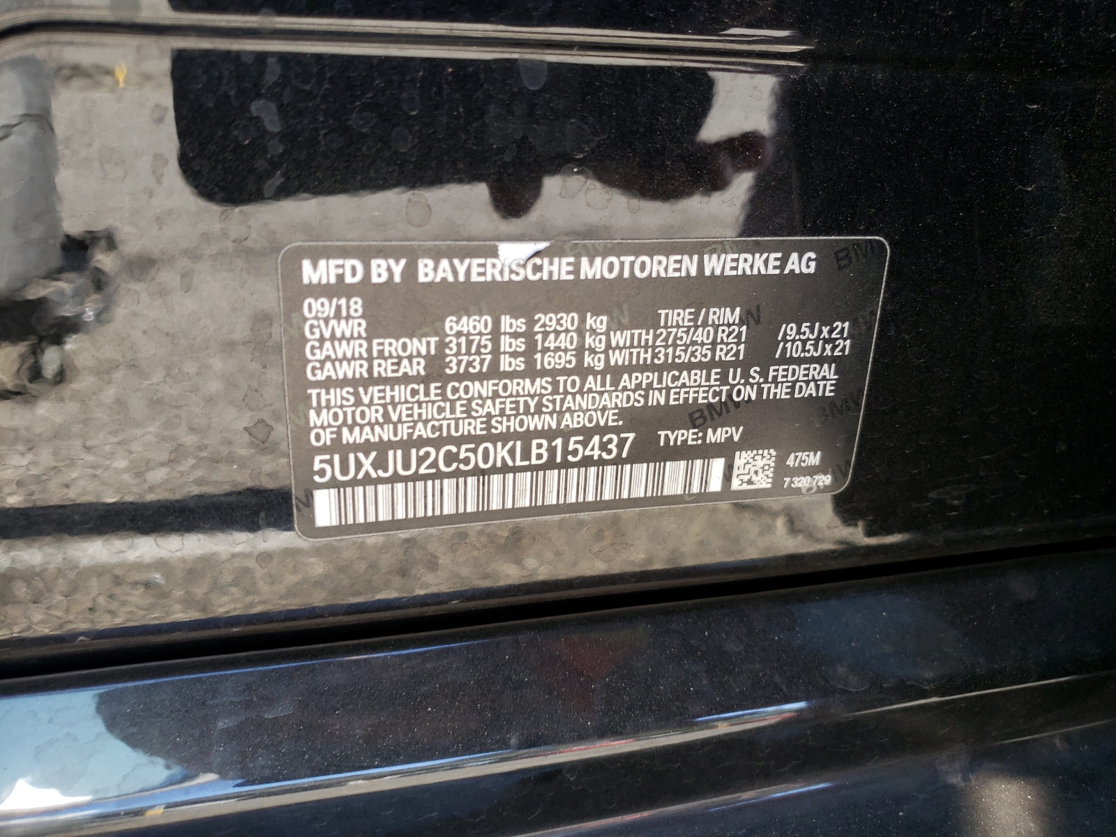 Photo 10 from auction – 2019 BMW X5 XDRIVE5 with VIN 5UXJU2C50KLB15437