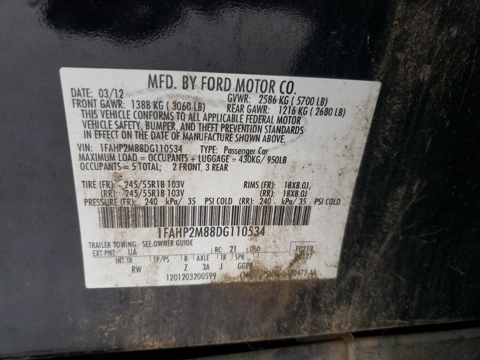 Photo 10 from auction – 2013 FORD TAURUS POL with VIN 1FAHP2M88DG110534