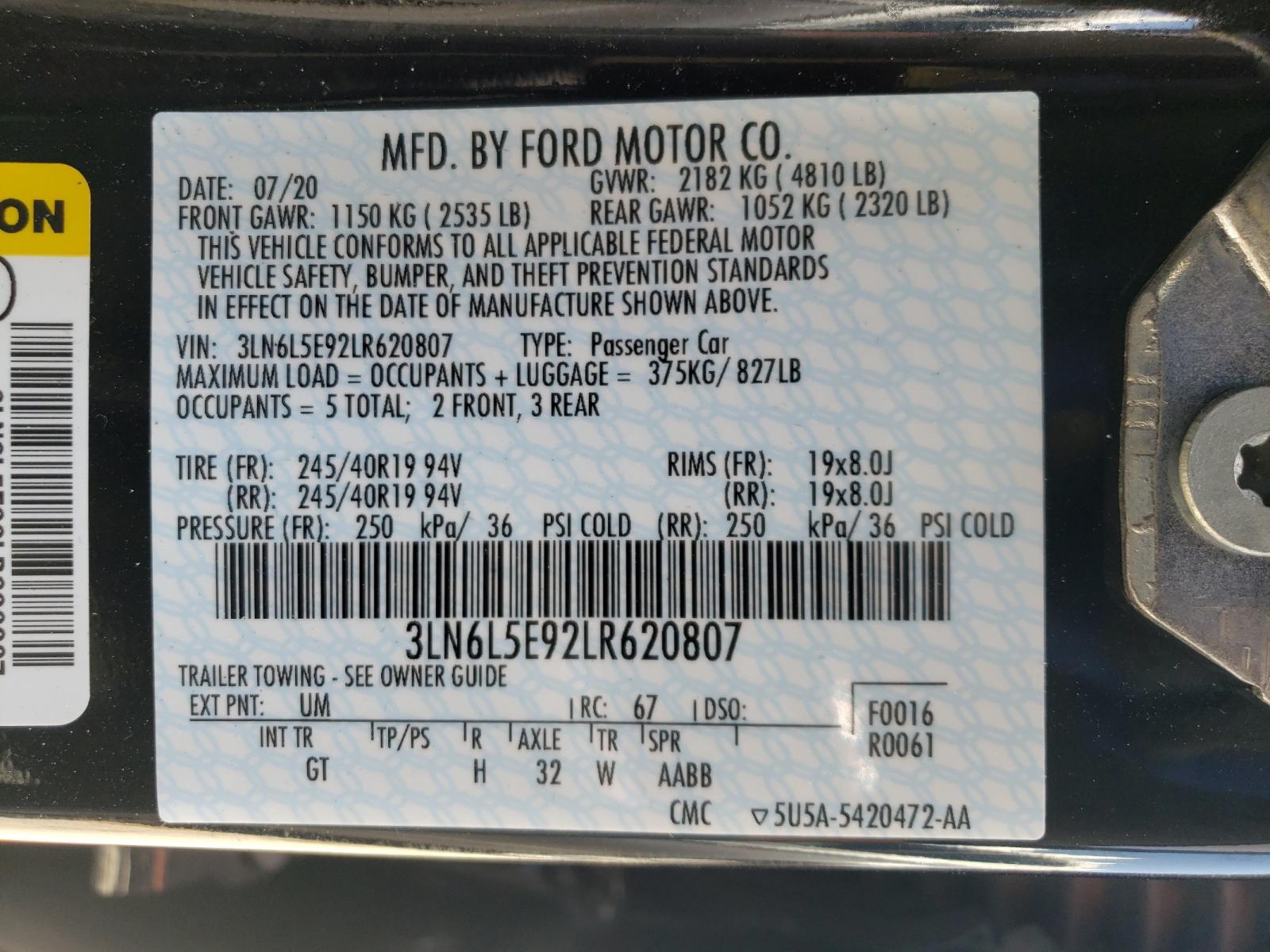 Photo 10 from auction – 2020 LINCOLN MKZ RESERV with VIN 3LN6L5E92LR620807