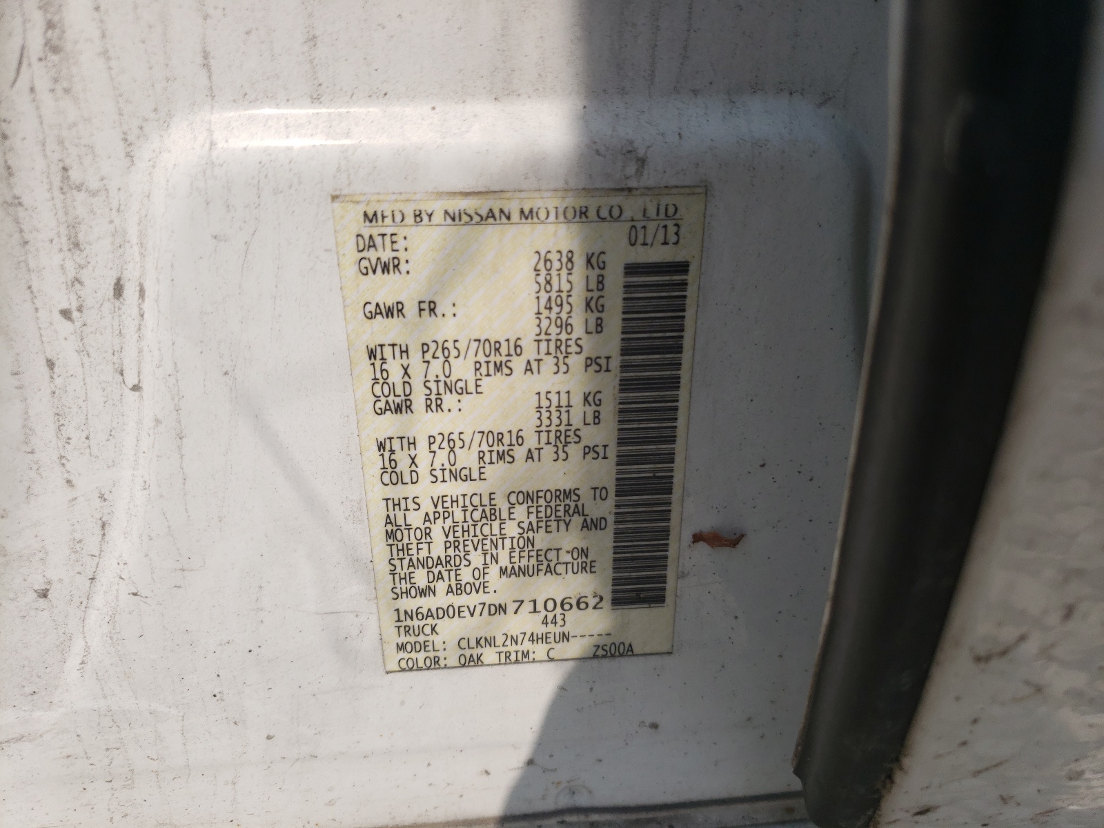Photo 10 from auction – 2013 NISSAN FRONTIER S with VIN 1N6AD0EV7DN710662