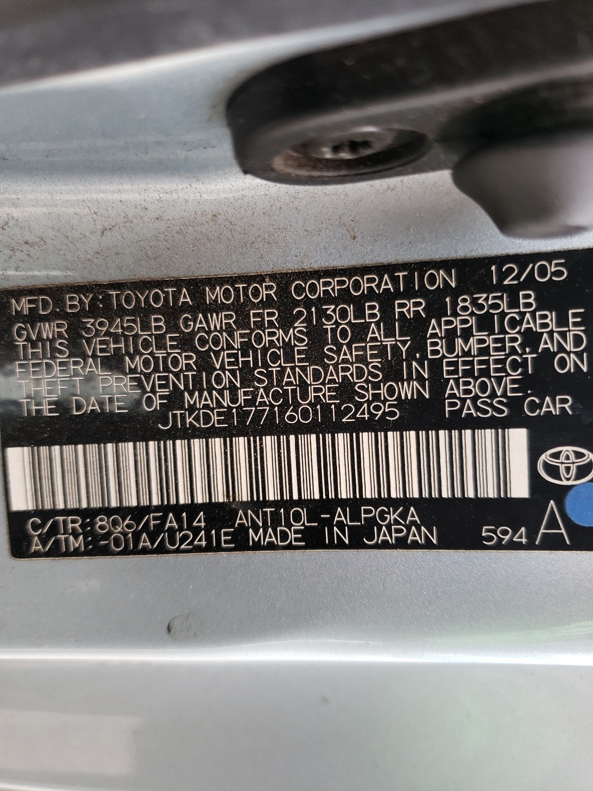 Photo 10 from auction – 2006 TOYOTA SCION TC with VIN JTKDE177160112495