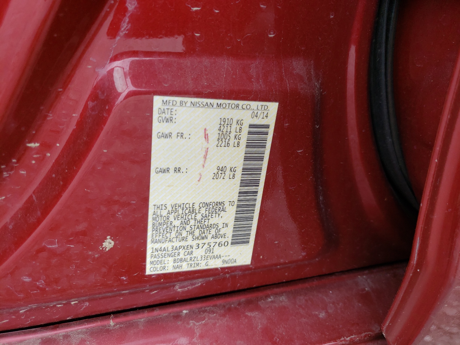 Photo 10 from auction – 2014 NISSAN ALTIMA 2.5 with VIN 1N4AL3APXEN375760