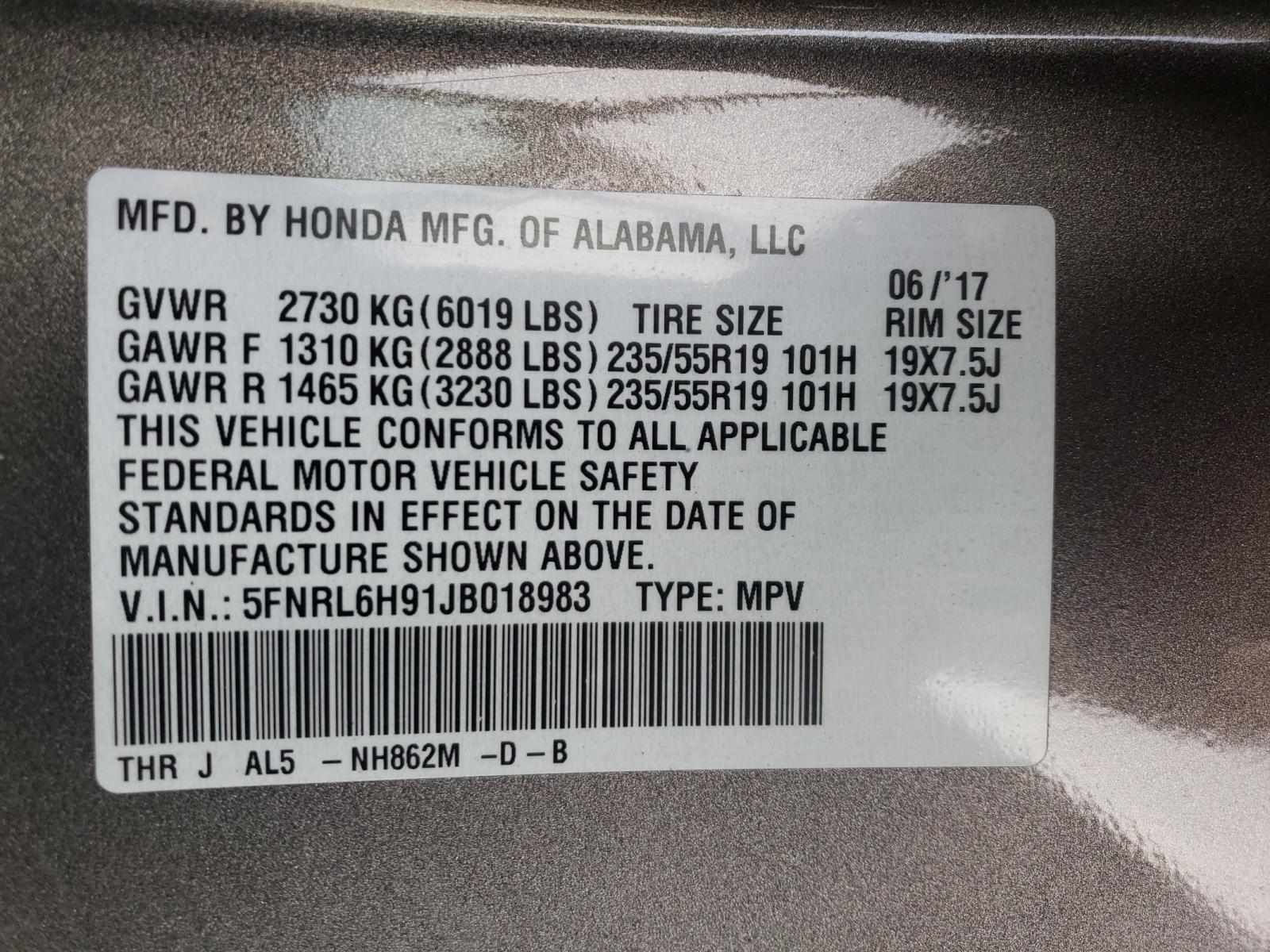 Photo 10 from auction – 2018 HONDA ODYSSEY EL with VIN 5FNRL6H91JB018983