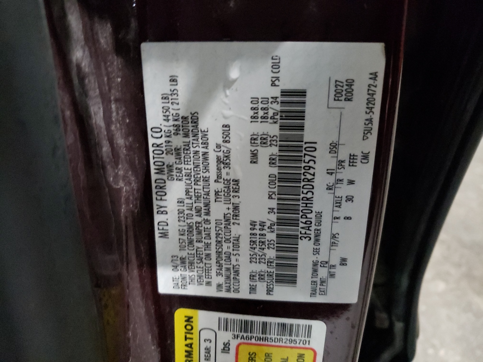 Photo 10 from auction – 2013 FORD FUSION SE with VIN 3FA6P0HR5DR295701