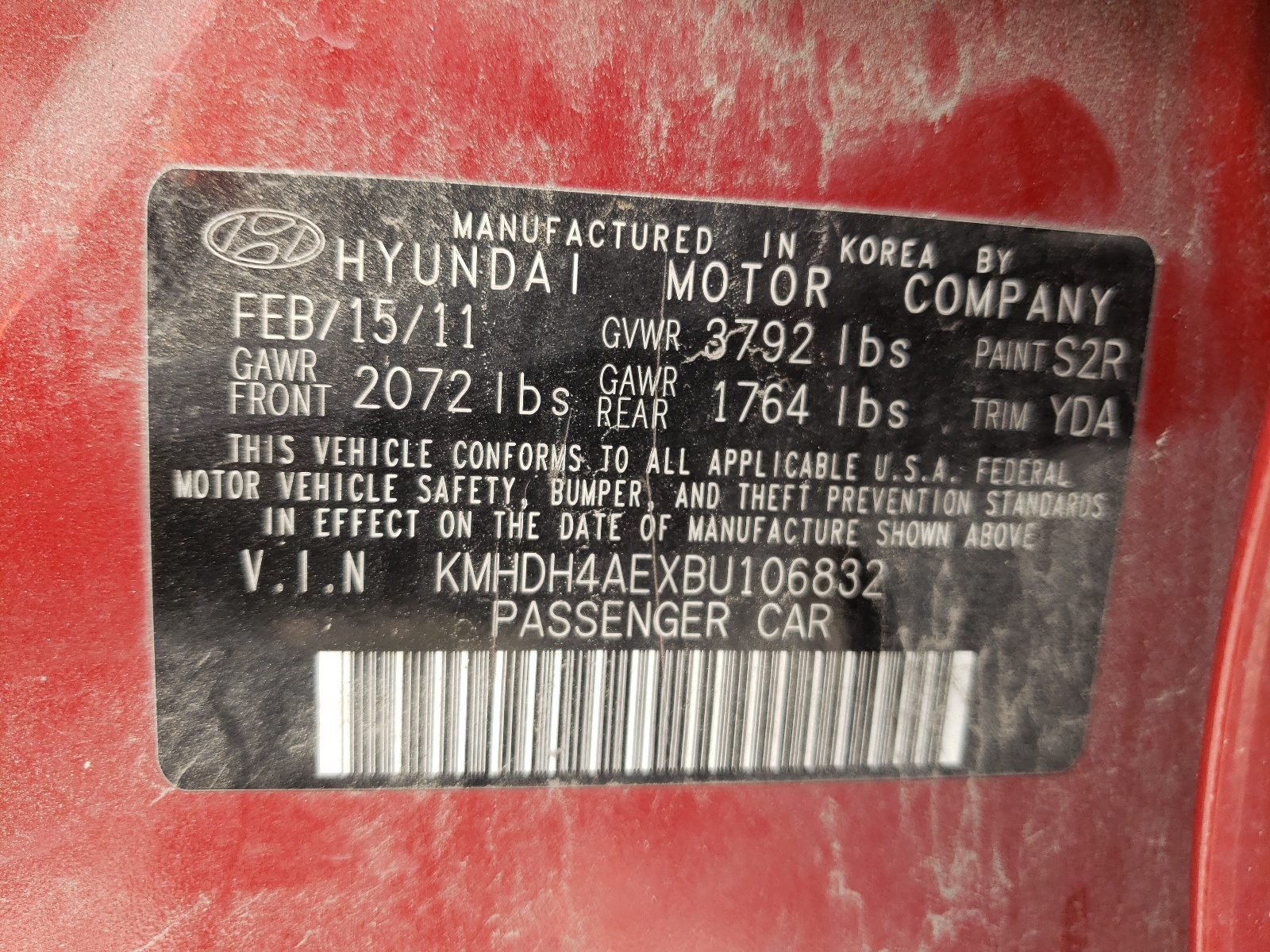 Photo 10 from auction – 2011 HYUNDAI ELANTRA GL with VIN KMHDH4AEXBU106832