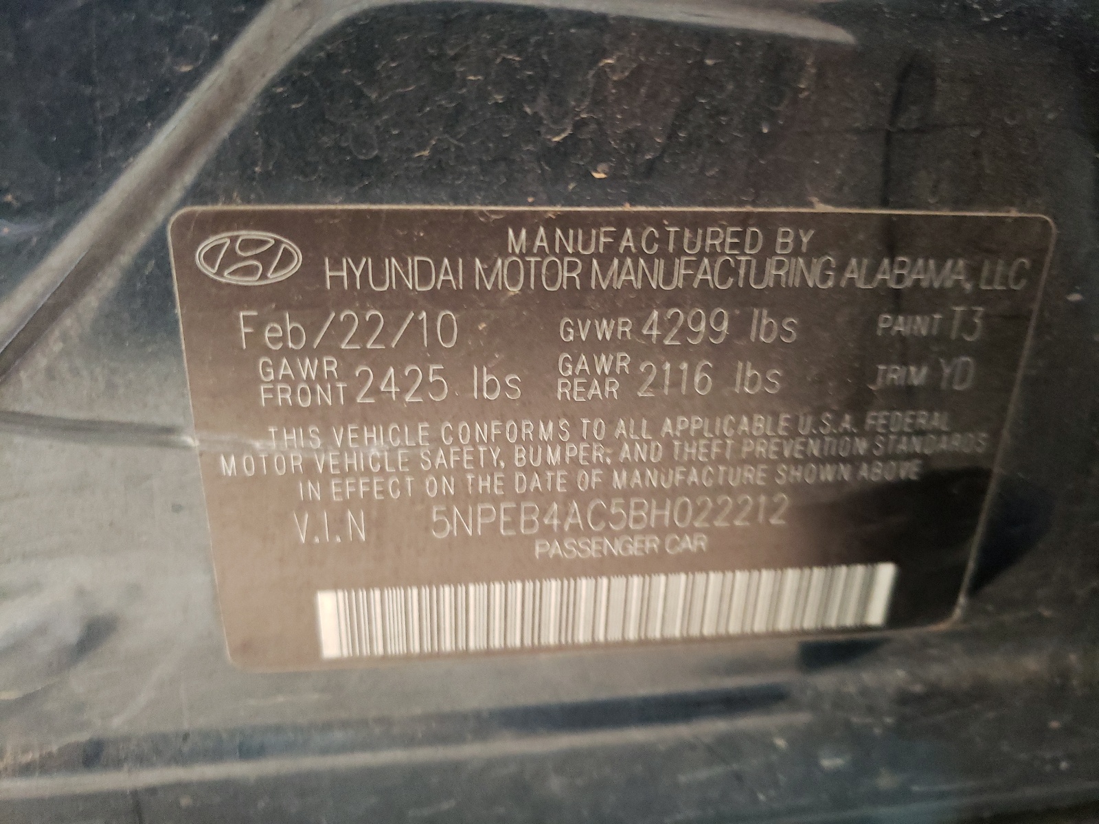 Photo 10 from auction – 2011 HYUNDAI SONATA GLS with VIN 5NPEB4AC5BH022212