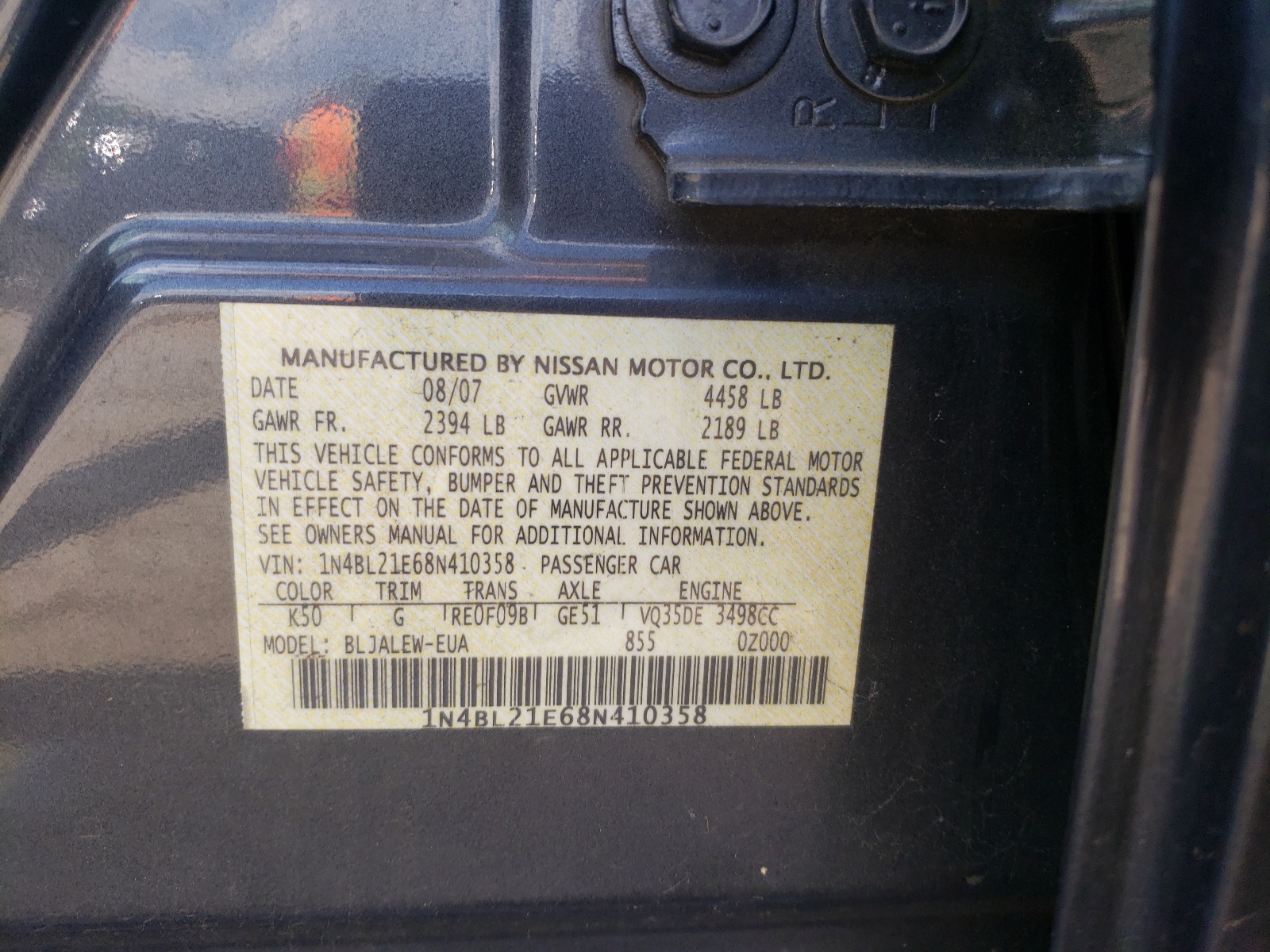 Photo 10 from auction – 2008 NISSAN ALTIMA 3.5 with VIN 1N4BL21E68N410358