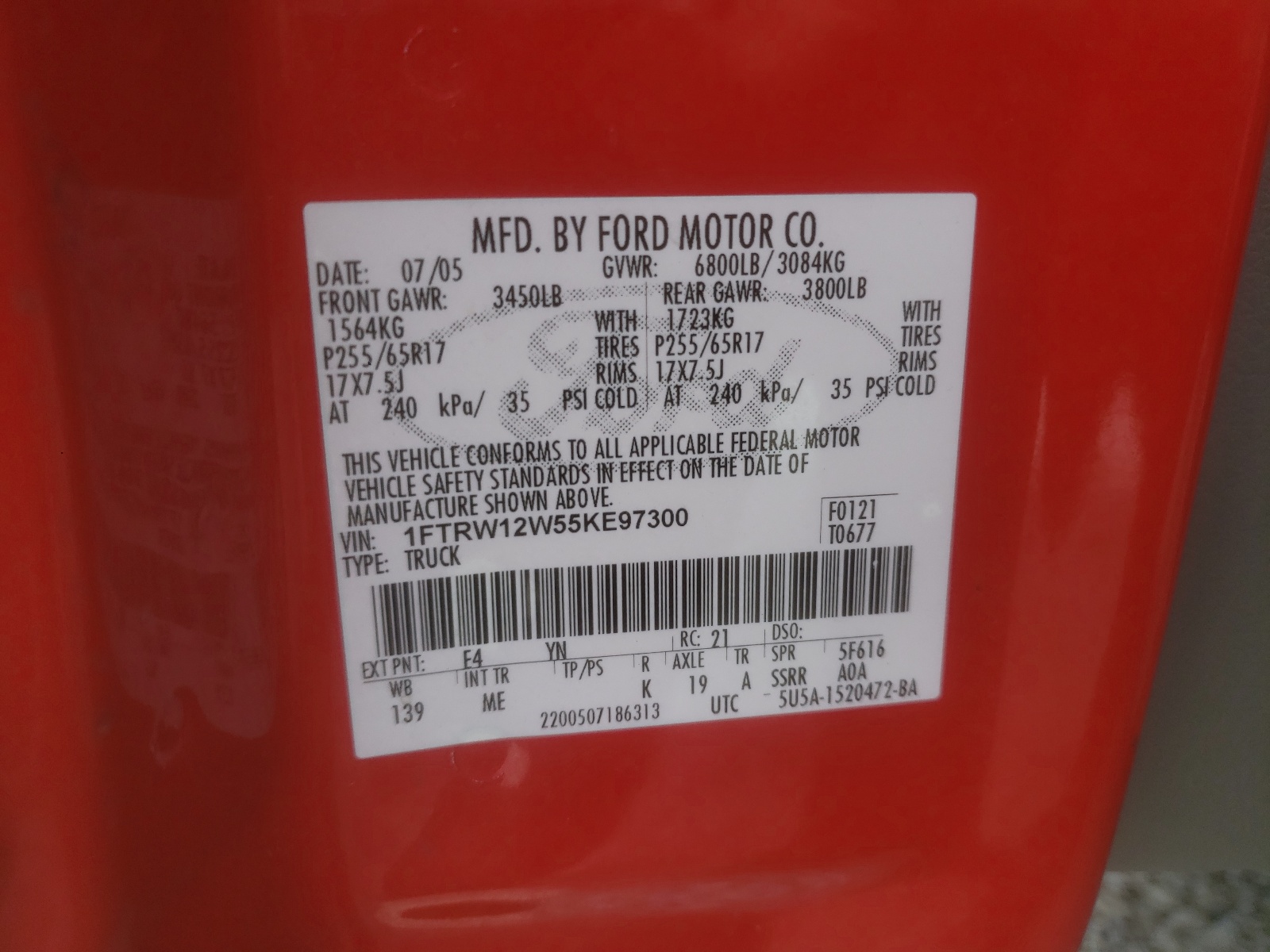 Photo 10 from auction – 2005 FORD F150 SUPER with VIN 1FTRW12W55KE97300