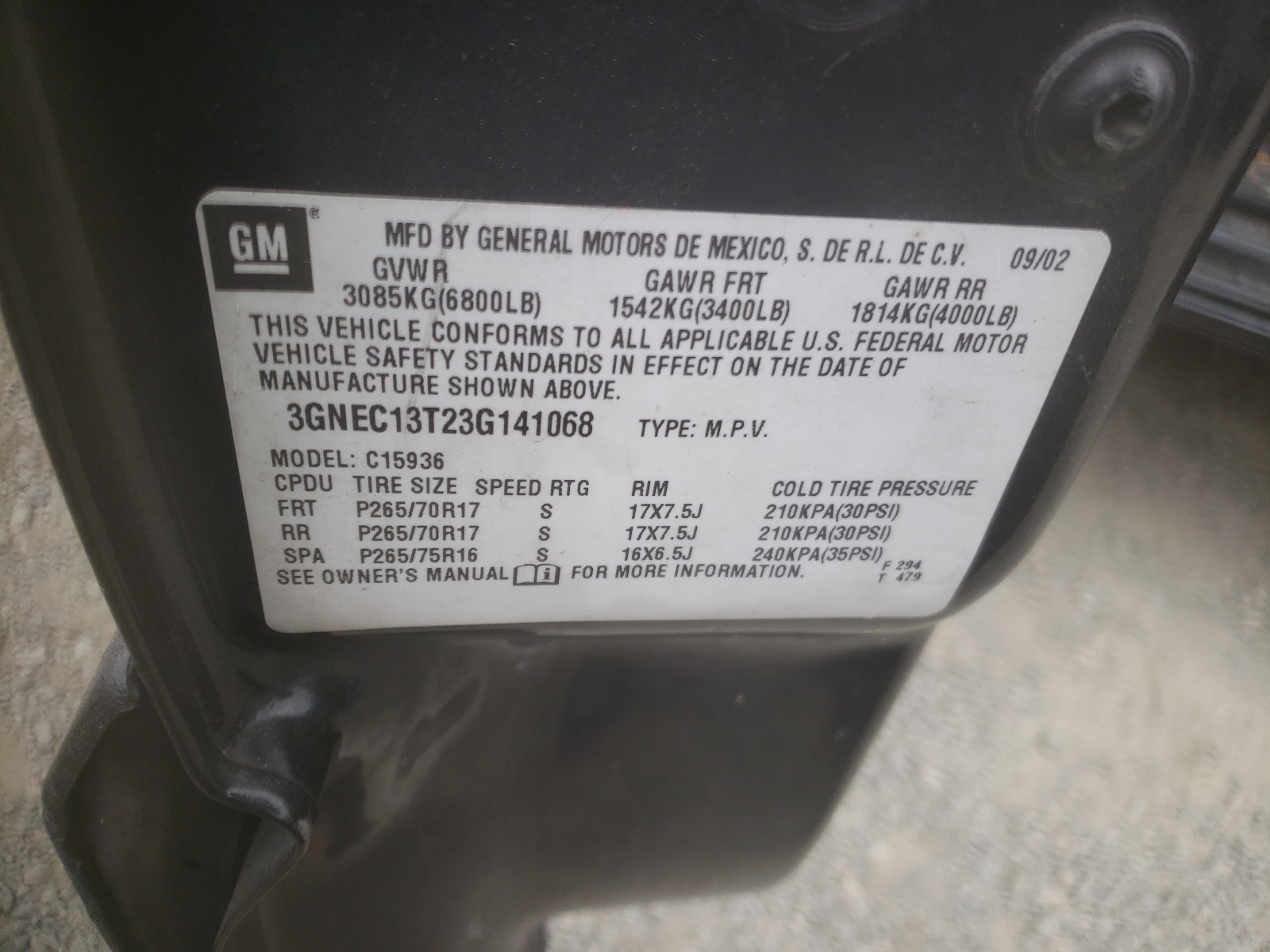 Photo 10 from auction – 2003 CHEVROLET AVALANCHE with VIN 3GNEC13T23G141068