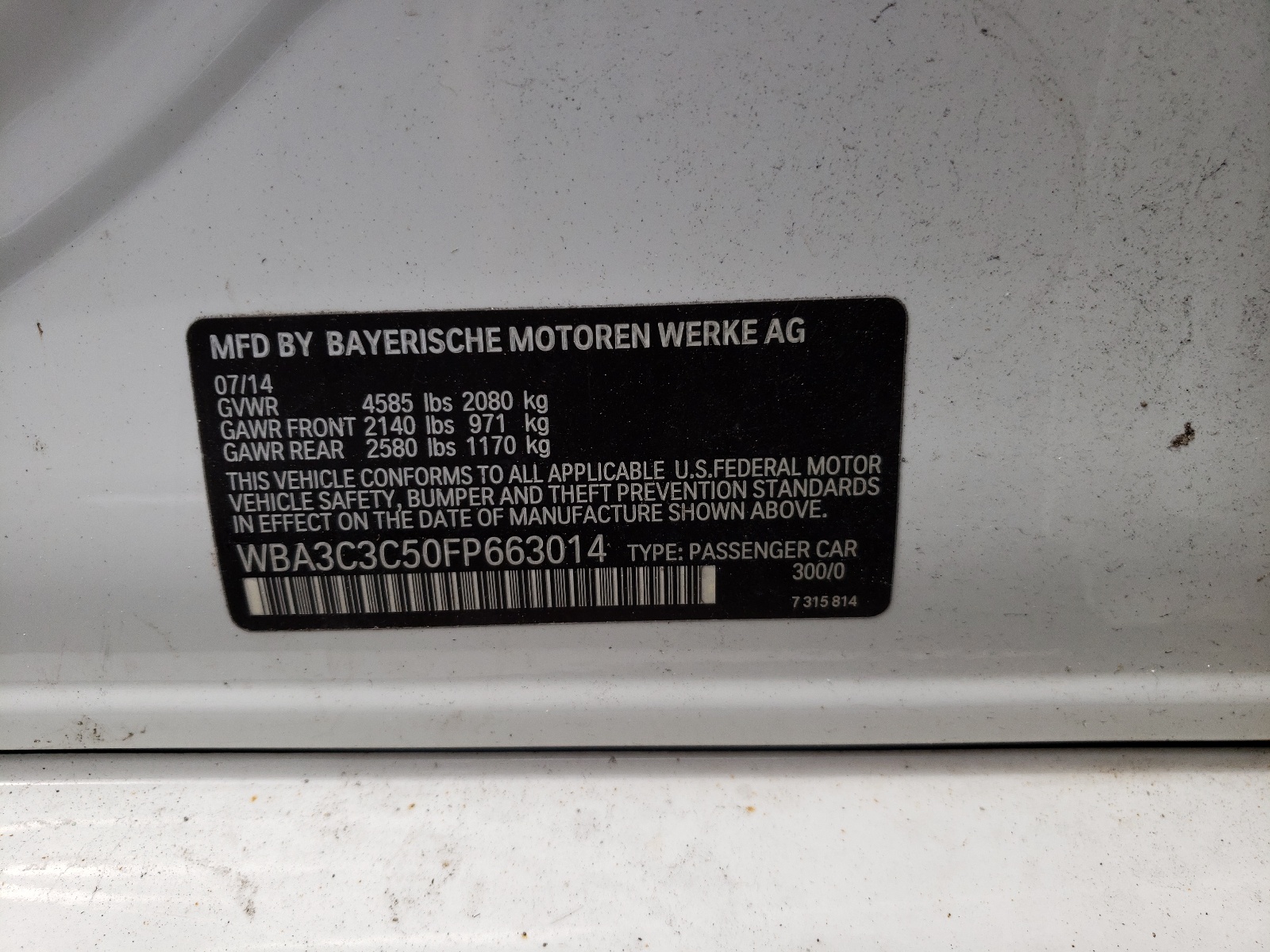 Photo 10 from auction – 2015 BMW 320 I XDRI with VIN WBA3C3C50FP663014