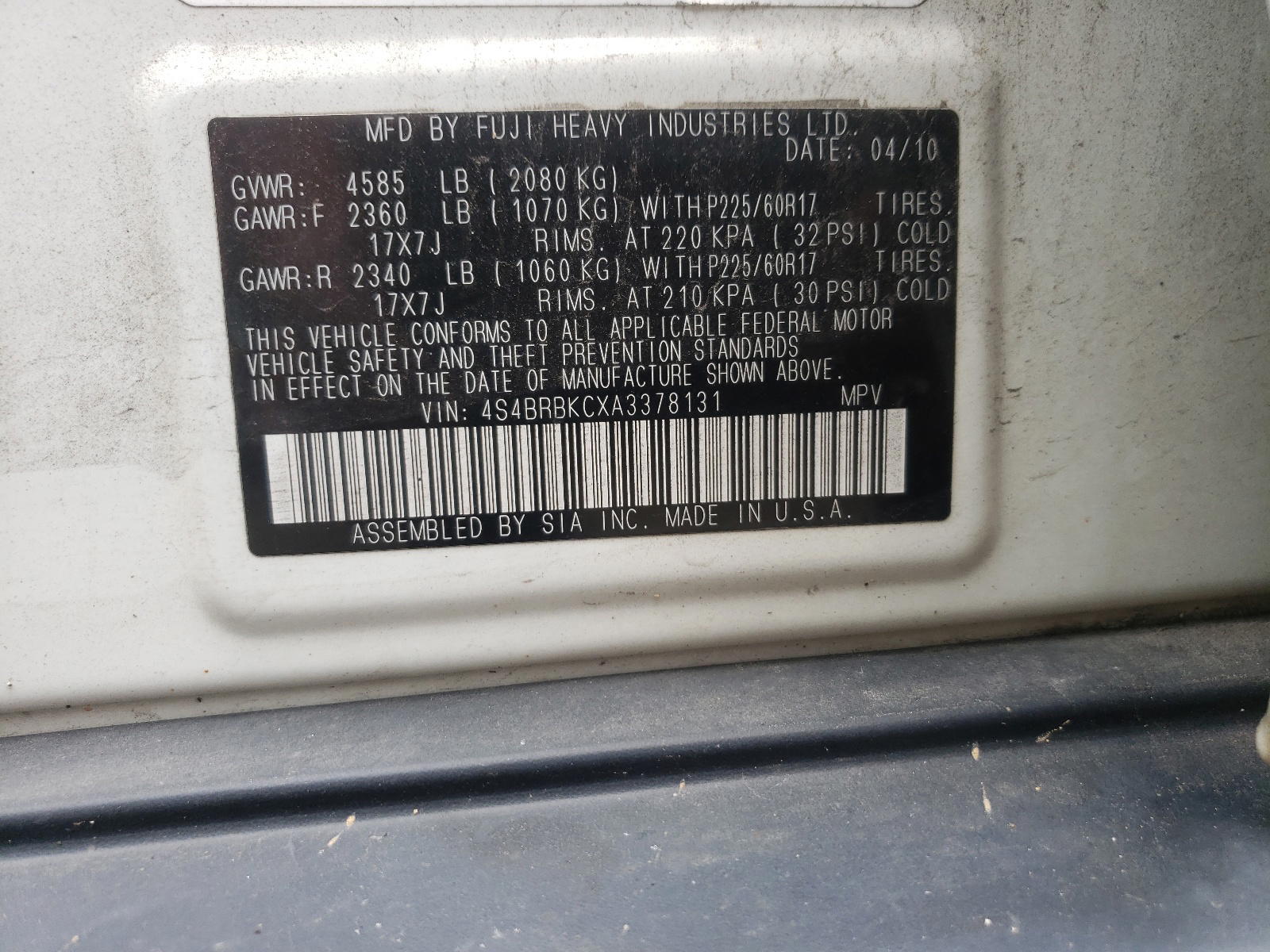 Photo 10 from auction – 2010 SUBARU OUTBACK 2. with VIN 4S4BRBKCXA3378131