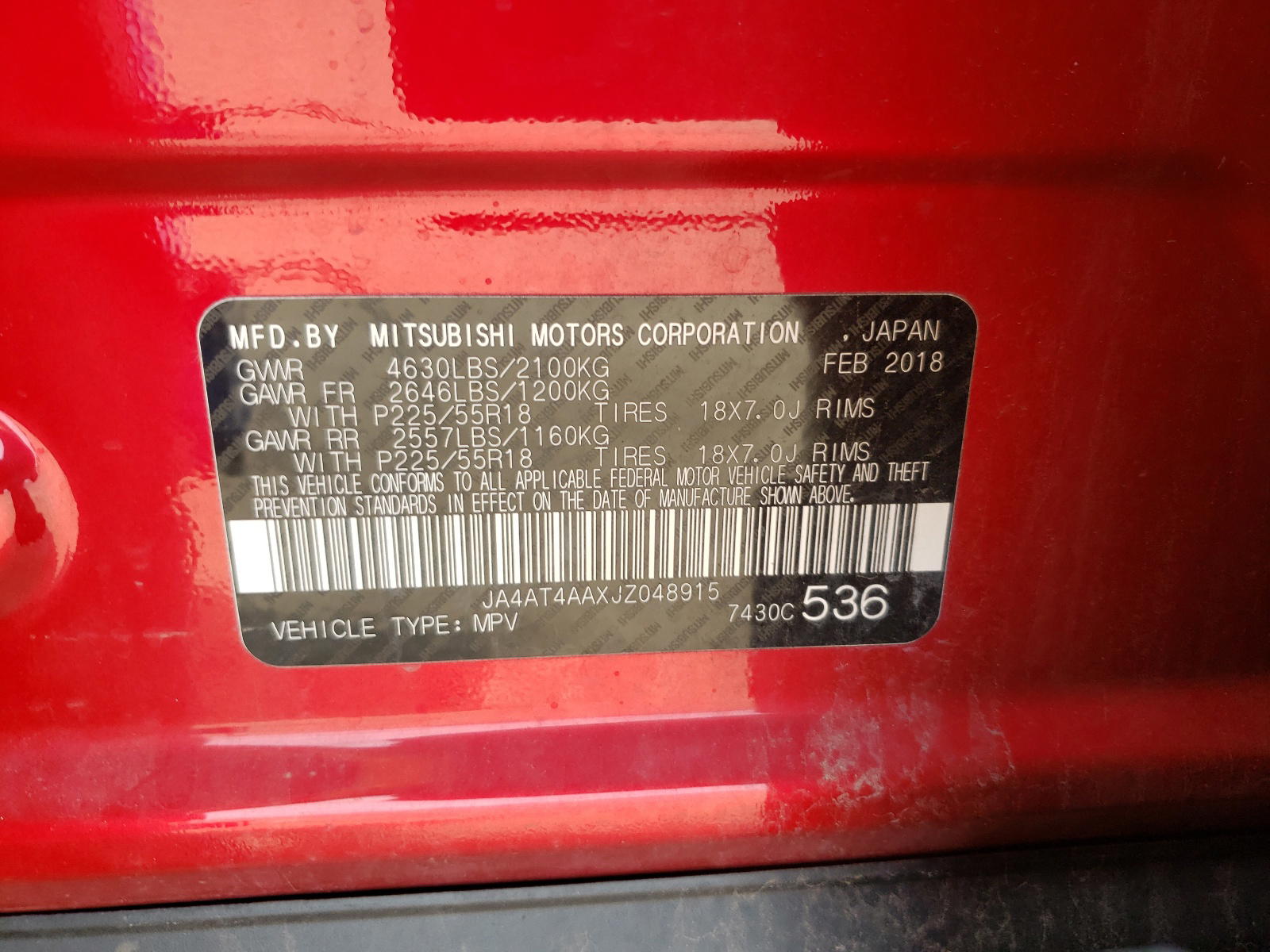 Photo 10 from auction – 2018 MITSUBISHI ECLIPSE CR with VIN JA4AT4AAXJZ048915