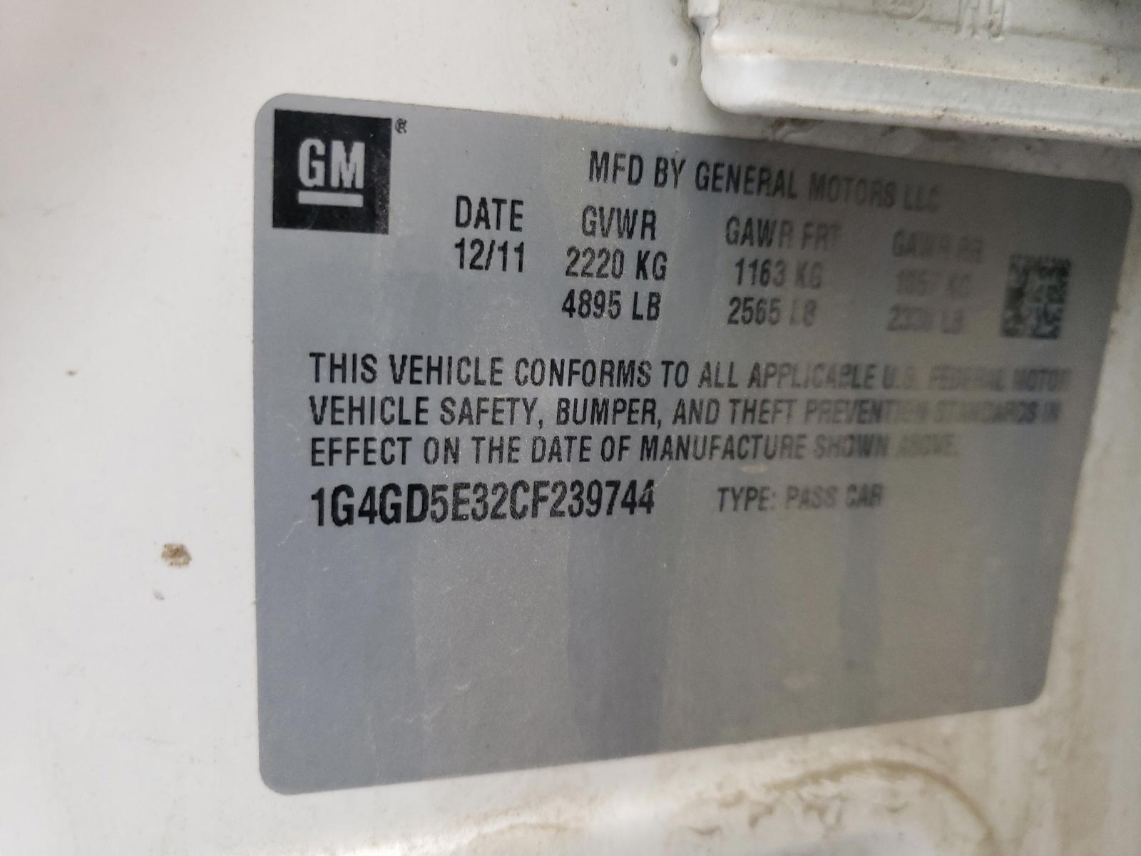 Photo 10 from auction – 2012 BUICK LACROSSE P with VIN 1G4GD5E32CF239744