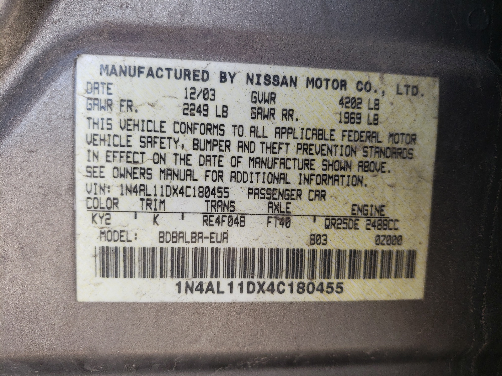Photo 10 from auction – 2004 NISSAN ALTIMA BAS with VIN 1N4AL11DX4C180455