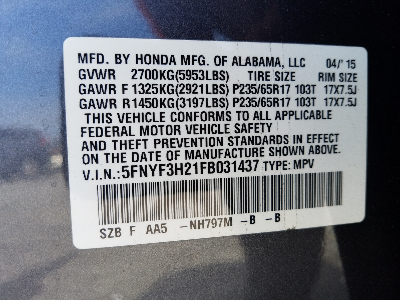 Photo 10 from auction – 2015 HONDA PILOT LX with VIN 5FNYF3H21FB031437