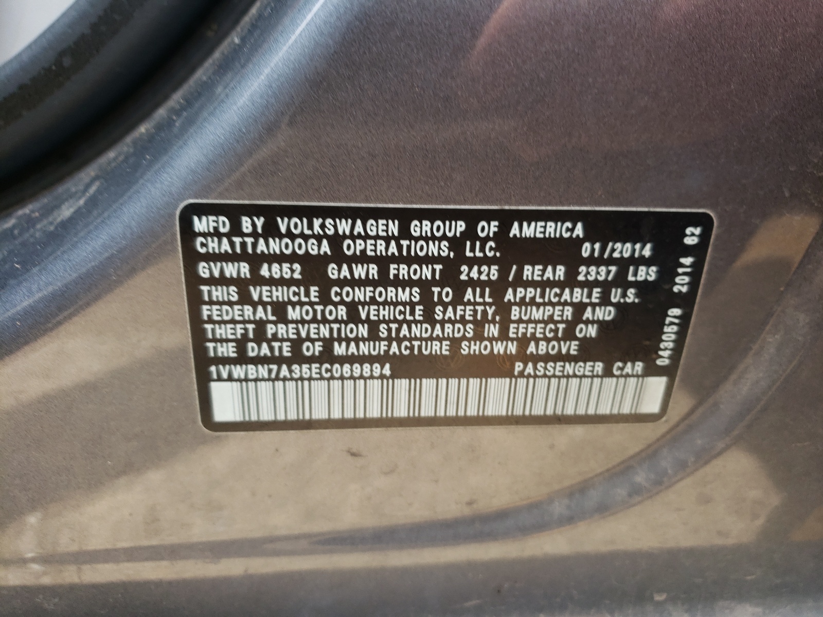 Photo 10 from auction – 2014 VOLKSWAGEN PASSAT SE with VIN 1VWBN7A35EC069894